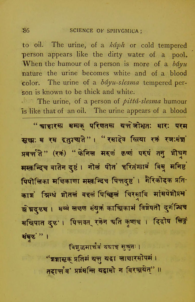 to oil. The urine, of a kd'ph or cold tempered person appears like the dirty water of a pool. When the humour of a person is more of a hdyu nature the urine becomes white and of a blood color. The urine of a bdyu-slesma tempered per- son is known to be thick and white. The urine, of a person of pittd-slesma humour IS like that of an oil. The urine appears of a blood flRtf%*T *?f%^TWT JR^f^^'^ f^Tl^S' I ^f^^^^ RffT- Sfjiu' fsP^ ^^^f^f^^ f^^^Tf^ flt^q^W*