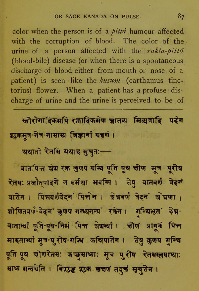 color when the person is of a pitta humour affected with the corruption of blood. The color of the urine of a person affected with the rakta-pittd (blood-bile) disease (or when there is a spontaneous discharge of blood either from mouth or nose of a patient) is seen like the kusum (carthamus tinc- torius) flower. When a patient has a profuse dis- charge of urine and the urine is perceived to be of ^?ITrft \r^f^ ^?IT^ Wim^J 5ft-q?I-f%»j ftrr i^WT I f^'fT