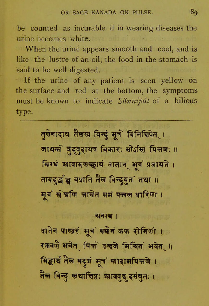 be counted as incurable if in wearing diseases the urine becomes white. When the urine appears smooth and cool, and is like the lustre of an oil, the food in the stomach is said to be well digested. If the urine of any patient is seen yellow on the surface and red at the bottom, the symptoms must be known to indicate Sdnnipdt of a bilious type. ^^^T2i^ f^^T: ^'tif^ ftri^: n ^?f?^§ H^fT^ f^■^ ^5^% f*?f^fT' II i ^