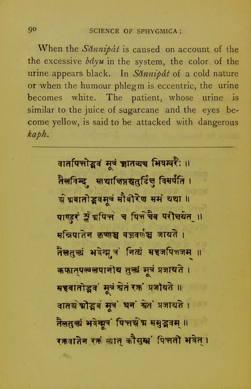 When the Sdnnipat is caused on account of the the excessive hdyu in the system, the color of the urine appears black. In Sdnnipat of a cold nature or when the humour phlegm is eccentric, the urine becomes white. The patient, whose urine is similar to the juice of sugarcane and the eyes be- come yellow, is said to be attacked with dangerous kg,ph. ^^iwmls^*N ^^qt^ir w ^^TII WT?f^W* ^ Vfi ^^\^^ II ^* ^1* 3?5!T^^ I -nrk-^' f^Ti^^ II