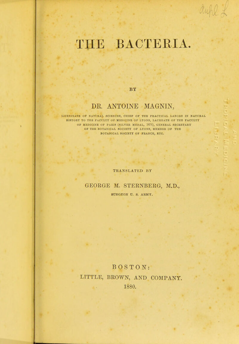 HH4. THE BACTEEIA. BY DR ANTOINE MAGNIN, LICENOIATE OF NATTJEAI, SCIENCES, CHIEF OF THE PEACTICAL LABORS IN NATUEAI. HISTORY TO THE FACULTY OF MEDICINE OF LYONS, LAUREATE OF THE FACULTY OF MEDICINE OF PARIS (SILVER MEDAL, 1876), GENERAL SECRETARY OF THE BOTANICAL SOCIETY OF LYONS, MEMBER OF THE BOTANICAL SOCIETY OF FRANCE, ETC. TRANSLATED BY GEORGE M. STERNBERG, M.D., 8UEGE0N V. a. ABMT. BOSTON: LITTLE, BROWN, AND COMPANY. 1880.