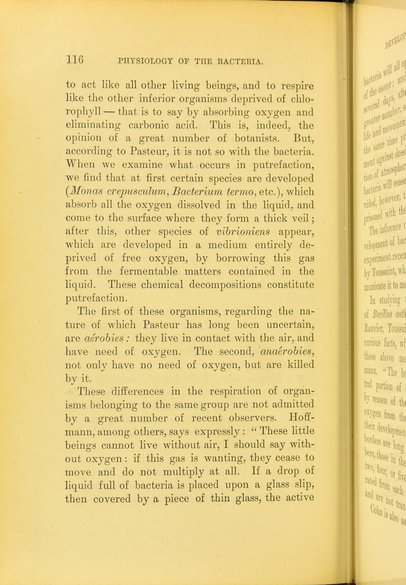 to act like all other living beings, and to respire like the other inferior organisms deprived of chlo- rophyll — that is to say by absorbing oxygen and eliminating carbonic acid. This is, indeed, the opinion of a great nmnber of botanists. But, according to Pasteur, it is not so with the bacteria. When we examine what occurs in putrefaction, we find that at first certain species are developed {Monas crepusculum, Bacterium ^ermo, etc.), which absorb all the oxygen dissolved in the liquid, and come to the surface where they form a thick veil; after this, other species of vihrioniens appear, which are developed in a medium entirely de- prived of free oxygen, by borrowing this gas from the fermentable matters contained in the liquid. These chemical decompositions constitute putrefaction. The first of these organisms, regarding the na- ture of which Pasteur has long been uncertain, are aerobies: they live in contact with the air, and have need of oxygen. The second, anaerohies, not only have no need of oxygen, but are kiUed bv it. These differences in the respiration of organ- isms belonging to the same group are not admitted by a great number of recent observers. Hoff- mann, among others, says expressly:  These little beings cannot live without air, I should say with- out oxygen: if this gas is wanting, they cease to move and do not multiply at all. If a drop of liquid full of bacteria is placed upon a glass slip, then covered by a piece of thin glass, the active