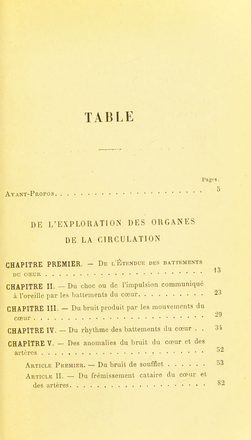 TABLE Avant-Propos. Pag'-s. S DE L'EXPLORATION DES ORGANES DE LA CIRCULATION CHAPITRE PREMIER. — De l'Étendue des battements 13 DU CŒUR CHAPITRE II. — Du choc ou de l'impulsion communiqué à l'oreille par les battements du cœur 23 CHAPITRE III. — Du bruit produit par les mouvements du . . 29 cœur CHAPITRE IV. — Du rhylhme des battements du cœur . . 34 CHAPITRE V. — Des anomalies du bruit du cœur et des artcrcs Article Premier. — Du bruit de soufflet 53 Article II. — Du frémissement cataire du cœur et des artères