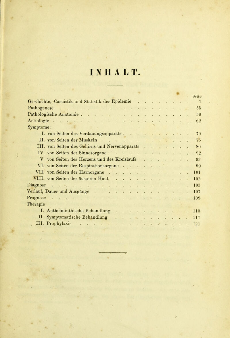 INHALT. Seite Geschichte, Casuistik und Statistik der Epidemie 1 Pathogenese 55 Pathologische Anatomie 59 Aetiologie 62 Symptome: I. von Seiten des Verdauungsapparats 70 II. von Seiten der Muskeln 75 III. von Seiten des Gehirns und Nervenapparats 80 IV. von Seiten der Sinnesorgane 92 V. von Seiten des Herzens und des Kreislaufs 93 VI. von Seiten der Respirationsorgane 99 VII. von Seiten der Harnorgane 101 VIII. von Seiten der äusseren Haut 102 Diagnose 103 Verlauf, Dauer und Ausgänge 107 Prognose 109 Therapie I. Anthelminthisehe Behandlung 110 II. Symptomatische Behandlung 117 , III. Prophyla.xis 121