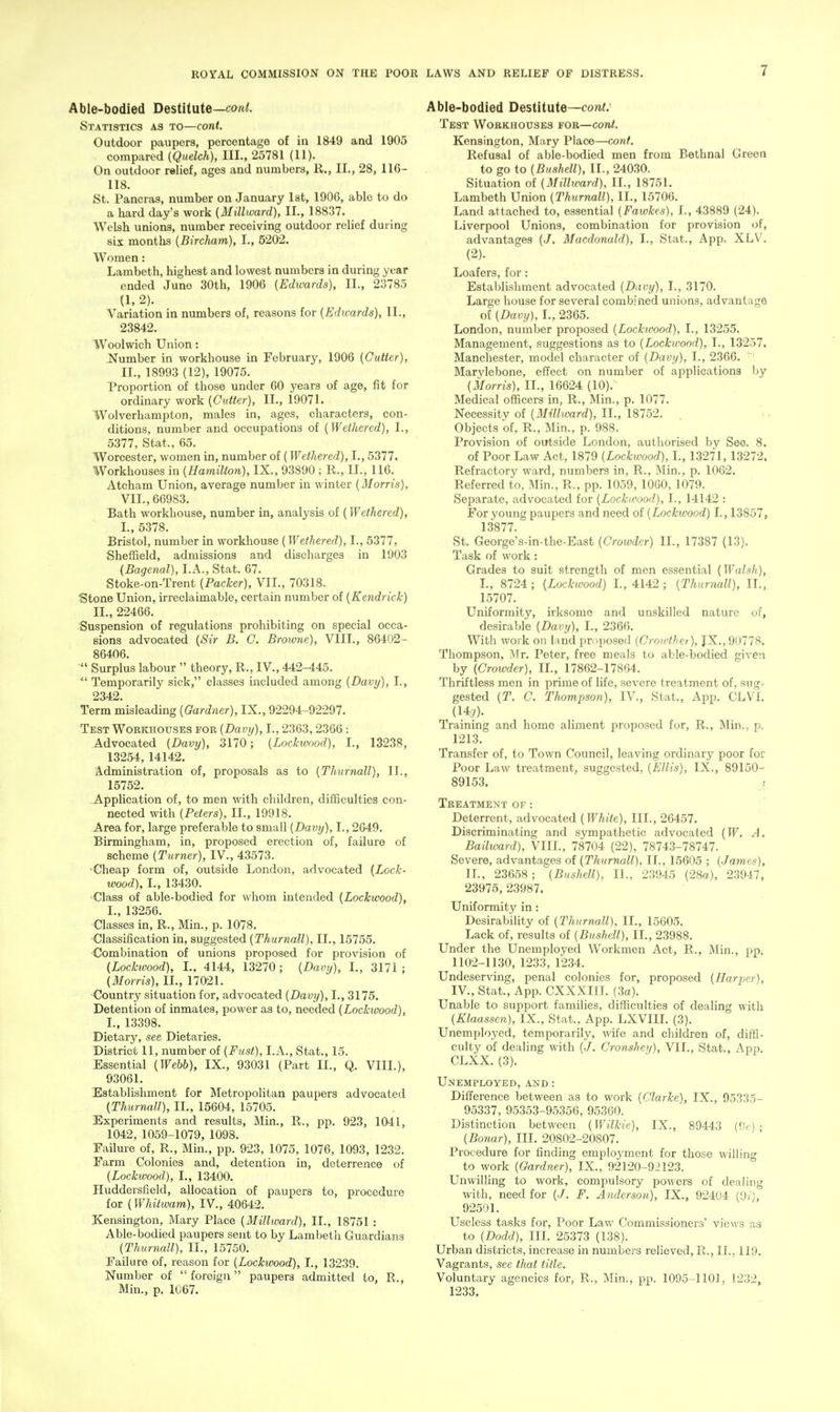 Able-bodied Destitute—co/t^. Statistics as to—cont. Outdoor paupers, percentage of in 1849 and 1905 compared (Quelch), III., 25781 (11). On outdoor rslief, ages and numbers, R., II., 28, 116- 118. St. Pancras, number on January lat, 1906, able to do a hard day's work (Millward), II., 18837. Welsh unions, number receiving outdoor relief during six months {Bircliam), I., 5202. Women: Lambeth, highest and lowest numbers in during year ended June 30th, 1906 {Edwards), II., 23785 (1,2). Variation in numbers of, reasons for [Edwards), 11., 23842. Woolwich Union: J^umber in workhouse in February, 1906 [Cutter), II., 18993 (12), 19075. Proportion of those under 60 years of age, fit for ordinary work [Cutter), II., 19071. Wolverhampton, males in, ages, characters, con- ditions, number and occupations of [Wethered), I., 5377, Stat., 65. Worcester, women in, number of (Wethered), I., 5377. Workhouses in [Hamilton), IX., 93890 ; R., II., 116. Atcham Union, average number in winter [Morris), VII., 66983. Bath workliouse, number in, analysis of [Wethered), I., 5.378. Bristol, number in workhouse (Wethered), I., 5377, Sheffield, admissions and discharges in 1903 [Bagenal), I.A., Stat. 67. Stoke-on-Trent [Packer), VII., 70318. Stone Union, irreclaimable, certain number of [Kendrick) II., 22466. Suspension of regulations prohibiting on special occa- sions advocated [Sir B. C. Browne), VIII., 86402- 86406. Surplus labour  theory, R., IV., 442-445.  Temporarily sick, classes included among [Davy), I., 2342. Term misleading [Gardner), IX., 92294-92297. Test Workhouses for [Davy), I., 2363,2366: Advocated [Davy), 3170; [Lockwood), I., 13238, 13254, 14142. Administration of, proposals as to [Thurnall), II., 15752. Application of, to men with children, difficulties con- nected with [Peters), II., 19918. Area for, large preferable to small [Davy), I., 2649. Birmingham, in, proposed erection of, failure of scheme [Turner), TV., 43573. Cheap form of, outside London, advocated [Lock- wood), I., 13430. ■Class of able-bodied for whom intended [Lockwood), I., 13256. Classes in, R., Min., p. 1078. Classification in, suggested [Thurnall), II., 15755. Combination of unions proposed for provision of [Lockwood), L. 4144, 13270; [Davy), I., 3171; (Morris), II., 17021. ■Country situation for, advocated [Davy), I., 3175. Detention of inmates, power as to, needed [Lockwood), L,13398. Dietary, see Dietaries. District 11, number of [Fust), I.A., Stat., 15. Essential [Webb), IX., 93031 (Part II., Q. VIIL), 93061. Establishment for Metropolitan paupers advocated [Thurnall), II., 15604, 15705. Experiments and results, Min., R., pp. 923, 1041, 1042, 1059-1079, 1098. Failure of, R., Min., pp. 923, 1075, 1076, 1093, 1232. Farm Colonies and, detention in, deterrence of [Lockwood), I., 13400. Huddersfield, allocation of paupers to, procedure for (Whitwam), IV., 40642. Kensington, Mary Place [Millward), II., 18751 : Able-bodied paupers sent to by Lambeth Guardians [Thurnall), II., 15750. Failure of, reason for [Lockwood), I., 13239. Number of foreign paupers admitted to, R., Min., p. 1067. Able-bodied Destitute—cont: Test Workhouses fob—cord. Kensington, Mary Place—cont. Refusal of able-bodied men from Bethnal Green to go to [Bushell), II., 240.30. Situation of [Millward), II., 18751. Lambeth Union [Thurnall), II., 15706. Land attached to, essential [Fawkes), I., 43889 (24). Liverpool Unions, combination for provision of, advantages (./, Macdonald), I., Stat., App, XLV\ (2). Loafers, for: Establishment advocated [Davy), I., 3170. Large house for several combined unions, advantage of [Davy), I., 2365. London, number proposed [Lockwood), I., 13255. Management, suggestions as to [Lockwood), I., 13257. Manchester, model character of [Davy), I., 2366. Marylebone, effect on number of applications by [Morris), IL, 16624 (10). Medical officers in, R., Min., p. 1077. Necessity of [Milhvard), IL, 18752. Objects of, R., Min., p. 988. Provision of outside London, authorised by See. 8. of Poor Law Act, 1879 [Lockwood), L, 13271,13272. Refractory ward, numbers in, R., Min., p. 1062. Referred to, Min., R., pp. 1059, 1060, 1079. Separate, advocated for [Lockwood), I., 14142 : For young paupers and need of [Lockwood) I., 13857, 13877. St. George's-in-the-East [Crowder) IL, 17387 (13). Task of work: Grades to suit strength of men essential [Walsh), I., 8724 ; [Lockwood) I., 4142 ; [Thurnall), II., 15707. Uniformity, irksome and unskilled nature of, desirable [Davy), I., 2366. With work on l;ind proposed (Croujther), JX., 90778. Thompson, ^Fr. Peter, free meals to able-bodied given by [Crowder), IL, 17862-17864. Thriftless men in prime of life, severe treatment of, sug- gested [T. C. TJwmpson), IV., Stat., App. CLVI. (14.7). Training and home aliment proposed for, R., Min., p. 1213. Transfer of, to Town Council, leaving ordinarj' poor for Poor Law treatment, suggested, [Ellis), IX., 89150- 89153. i Treatment of : Deterrent, advocated (H^/wVe), III., 26457. DLscriminating and sympathetic advocated [W, A. Bailward), VIIL, 78704 (22), 78743-78747. Severe, advantages of [Thurnall). II., 15605 ; [Jam.es), II., 23658; (Bushell), II., 2.3945 (28a), 23947, 23975, 23987. Uniformity in: Desirability of (Thurnall), IL, 15605. Lack of, results of (Bushell), IL, 23988. Under the Unemployed Workmen Act, R., Min., pp. 1102-1130, 1233, 1234. Undeserving, penal colonies for, proposed (Harper), IV., Stat., App. CXXXIII. (3a). Unable to support families, difficulties of dealing with (Klaassen), IX., Stat., App. LXVIII. (3). Unemployed, temporarily, wife and children of, diffi- culty of dealing Mith (./. Cronshey), VII., Stat., App. CLXX. (3). Unemployed, and : Difference between as to work [Clarke), IX., 95335- 95337, 95353-95356, 95360. Distinction between (Wilkie), IX., 89443 (<;>); (Bonar), III. 20802-20807. Procedure for finding employment for those willing to work (Gardner), IX., 92120-92123. Unwilling to work, compulsory powers of dealing with, need for (./. F. Anderson), IX., 924U4 [di], 92501. Useless tasks for, Poor Law Commissioners' views as to (Dodd), III. 25373 (138). Urban districts, increase in numbers relieved, R., II., 119. Vagrants, see that title. Voluntary agencies for, R., Min., pp. 1095-1101, 1232, 1233.