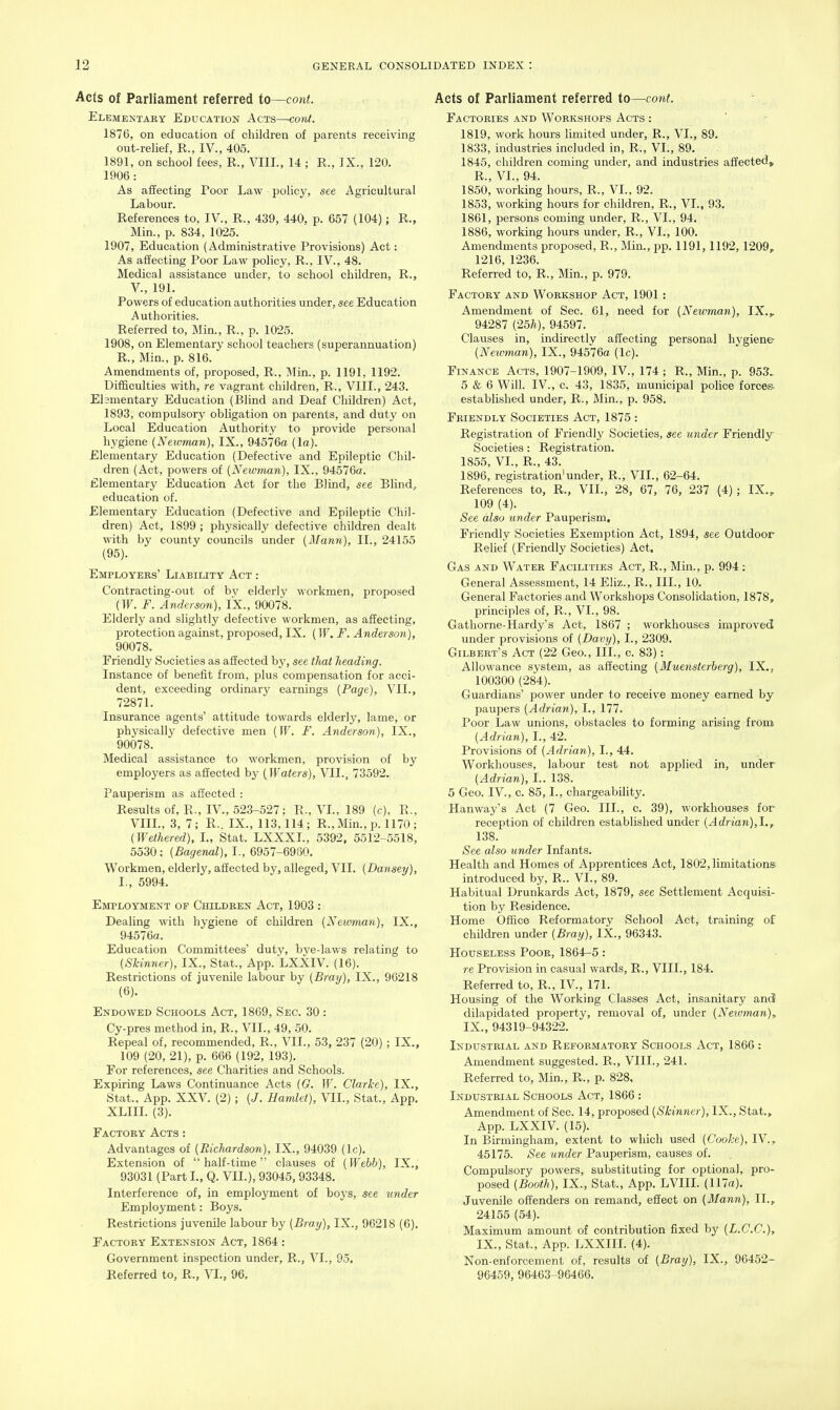 Acts of Parliament referred to—cont. Elementary Education Acts—cont. 1876, on education of children of parents receiving out-relief, R., IV., 405. 1891, on school fees, R., VIII., 14 ; R., IX., 120. 1906: As affecting Poor Law policy, see Agricultural Labour. References to, IV., R., 439, 440, p. 657 (104); R., Min., p. 834, 1025. 1907, Education (Administrative Provisions) Act: As affecting Poor Law policy, R., IV., 48. Medical assistance under, to school children, R., v., 191. Powers of education authorities under, see Education Authorities. Referred to, Min., R., p. 1025. 1908, on Elementary school teachers (superannuation) R., Min., p. 816. Amendments of, proposed, R., Min., p. 1191, 1192. Difficulties with, re vagrant children, R., VIII., 243. Elsmentary Education (Blind and Deaf Children) Act, 1893, compulsory obligation on parents, and duty on Local Education Authority to provide personal hygiene (Neioman), IX., 94576a (la). Elementary Education (Defective and Epileptic Chil- dren (Act, powers of (Newman), IX., 94576a. Elementary Education Act for the Blind, see Blind, education of. Elementary Education (Defective and Epileptic Chil- dren) Act, 1899 ; physically defective children dealt with by county councils under [Mann], II., 24155 (95). Employebs' Liability Act : Contracting-out of by elderly workmen, proposed (W. F. Anderson), IX., 90078. Elderly and slightly defective workmen, as affecting, protection against, proposed, IX. (IF. F. Anderson), 90078. Friendly Societies as affected by, see that heading. Instance of benefit from, plus compensation for acci- dent, exceeding ordinary earnings [Page), VII., 72871. Insurance agents' attitude towards elderly, lame, or physically defective men (IF. F. Anderson), IX., 90078. Medical assistance to workmen, provision of by employers as affected by {Waters), VIL, 73592. Pauperism as affected : Results of, R., IV., 523-527; R., VL, 189 (c). R., VIIL, 3, 7; R.. IX., 113,114; R., Min., p. 1170 ; (Wethered), L, Stat. LXXXL, 5392, 5512-5518, 5530; (iSa^enaZ), I., 6957-6980. Workmen, elderly, affected by, alleged, VII. [Dansey), I., 5994, Employment of Children Act, 1903 : Dealing with hygiene of children {Newman), IX., 94576a. Education Committees' duty, bye-laws relating to {Skinner), IX., Stat., App. LXXIV. (16). Restrictions of juvenile labour by {Bray), IX., 96218 (6). Endowed Schools Act, 1869, Sec. 30: Cy-pres method in, R., VII., 49, 50. Repeal of, recommended, R., VII., 53, 237 (20) ; IX., 109 (20, 21), p. 666 (192, 193), For references, see Charities and Schools. Expiring Laws Continuance Acts {G. W. Clarice), IX., Stat., App. XXV. (2); {J. Hamlet), VII., Stat., App, XLIII. (3). Factory Acts : Advantages of {Richardson), IX., 94039 (Ic). Extension of half-time clauses of {Webb), IX., 93031 (Part I., Q. VII.), 93045,93348. Interference of, in employment of boj's, see under Employment: Boys, Restrictions juvenile labour by {Bray), IX., 96218 (6). Factory Extension Act, 1864 : Government inspection under, R., VL, 95. Referred to, R., VL, 96, Acts of Parliament referred to—cont. Factories and Workshops Acts : 1819, work hours limited under, R., VL, 89. 1833, industries included in, R., VI., 89. 1845, children coming under, and industries affected^ R., VL, 94. 1850, working hours, R., VL. 92. 1853, working hours for children, R., VI., 93. 1861, persons coming under, R., VL, 94. 1886, working hours under, R., VL, 100. Amendments proposed, R., Min., pp. 1191,1192, 1209, 1216, 1236. Referred to, R., Min., p. 979. Factory and Workshop Act, 1901 : Amendment of Sec. 61, need for {Newman), IX.,. 94287 (2570, 94597. Clauses in, indirectly affecting personal hvgiene- {Newman), IX., 94576a (Ic). Finance Acts, 1907-1909, IV., 174 ; R., Min., p. 953. 5 & 6 Will. IV., c. 43, 1835, municipal police forces, established under, R., Min., p. 958. Friendly Societies Act, 1875 : Registration of Friendly Societies, see under Friendly- Societies : Registration. 1855, VL, R., 43. 1896, registration'under, R., VII., 62-64. References to, R., VII., 28, 67, 76, 237 (4) ; IX., 109 (4). See also under Pauperism. Friendly Societies Exemption Act, 1894, see Outdoor Relief (Friendly Societies) Act, Gas and Water Facilities Act, R., Min., p. 994: General Assessment, 14 Eliz., R., III., 10. General Factories and Workshops Consolidation, 1878, principles of, R., VI., 98. Gathorne-Hardy's Act, 1867 ; workhouses improved under provisions of {Davy), I., 2309, Gilbert's Act (22 Geo., III., c. 83): Allowance system, as affecting {Muensterberg), IX.. 100300 (284). Guardians' power under to receive money earned by paupers {Adrian), I., 177. Poor Law unions, obstacles to forming arising from, {Adrian), I., 42. Provisions of {Adrian), I., 44. Workhouses, labour test not applied in, under {Adrian), I.. 138. 5 Geo. IV., c. 85,1., chargeability. Hanway's Act (7 Geo. III., c. 39), workhouses for reception of children established under {Adrian),!,^ 138. See also under Infants. Health and Homes of Apprentices Act, 1802, limitations introduced by, R.. VL, 89. Habitual Drunkards Act, 1879, see Settlement Acquisi- tion by Residence. Home Office Reformatory School Act, training of children under {Bray), IX., 96343. Houseless Poor, 1864-5: re Provision in casual wards, R., VIIL, 184. Referred to, R., IV., 171. Housing of the Working Classes Act, insanitary and dilapidated property, removal of, under {Neioman), IX., 94319-94322. Industrial and Reformatory Schools Act, 1866 : Amendment suggested. R., VIIL, 241. Referred to, Min., R., p. 828. Industrial Schools Act, 1866 : Amendment of Sec. 14, proposed {Skinner), IX., Stat., App. LXXIV. (15). In Birmingham, extent to which used {Coohe), IV., 45175. See under Pauperism, causes of. Compulsory powers, substituting for optional, pro- posed {Booth), IX., Stat., App. LVIII. (117a), Juvenile offenders on remand, effect on {Mann), II., 24155 (54). Maximum amount of contribution fixed by {L.C.C), IX., Stat., App. LXXIIL (4). Non-enforcement of, results of {Bray), IX., 96452- 96459, 96463-96466,