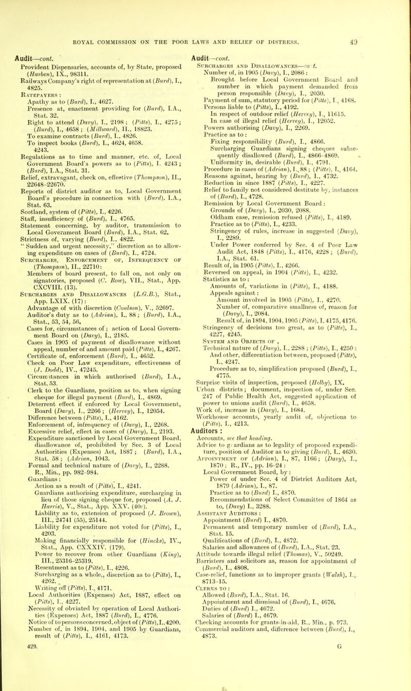 Audit—con<. Provident Dispensaries, accounts of, by State, proposed (Harhen), IX., 98311. Railways Company's right of representation at (Burd), I., 4825. Ratepayers : Apathy as to [Burd), I., 4627. Presence at, enactment providing for (Burd), I.A., Stat. 32. Right to attend (Davy), I., 2198; (Pifls), I., 4275; (Burd), I., 4658 ; (Millward), II., 18823. To examine contracts (Burd), I., 4826. To inspect books (Burd), I., 4624, 4658. 4243. Regulations as to time and manner, etc. of. Local Government Board's powers as to (Pitts), I. 4243 ; (Burd), I.A., Stat. 31. Relief, extravagant, check on, effeetive (Thompson), II., 22648-22670. Reports of district auditor as to. Local Government Board's procedure in connection with (Bvrd), I.A., Stat. 63. Scotland, system of (Pitts), I., 4226. Staff, insufficiency of (Burd), I., 4765. Statement concerning, by auditor, transmission to Local Government Board (Burd), I.A., Stat. 62. Strictness of, varying (Burd), I., 4822.  Sudden and urgent necessity, discretion as to allow- ing expenditure on cases of (Burd), I., 4724. SUKCHARGES, ENFORCEMENT OF, InFREQUENCY OF (TJwmpson), II., 22710: Members of board present, to fall on, not only on signatories, proposed (C. Row), VII., Stat., App. CXCVIIL (13). Surcharges and Disallowances (L.G.B.), Stat., App. LXIX. (17): Advantage of with discretion (Coulson), V., 52697. Auditor's duty as to (Adrian), I., 88 ; (Burd), I.A., Stat., 53, 54, 56. Cases for, circumstances of ; action of Local Govern- ment Board on (Davy), I., 2185. Cases in 1905 of payment of disallowance without appeal, number of and amount paid (Pitts), I., 4267. Certificate of, enforcement (Burd), I., 4652. Check on Poor Law expenditure, effectiveness of (J. Dodd), IV., 47245. Circumstances in which authorised (Burd), LA., Stat. 53. Clerk to the Guardians, position as to, when signing cheque for illegal payment (Burd), I., 4869. Deterrent effect if enforced by Local Government, Board (Davy), I., 2266 ; (Hervey), I., 12054. Difference between (Pitts), I., 4162. Enforcement of, infrequency of (Davy), I., 2268. Excessive relief, effect in cases of (Davy), I., 2193. Expenditure sanctioned by Local Government Board. disallowance of, prohibited by Sec. 3 of Local Authorities (Expenses) Act, 1887 ; (Burd), I.A., Stat. 58 ; (Adrian, 1043. Formal and technical nature of (Davy), I., 2288. R., Min., pp. 982-984. Guardians: Action as a result of (Pitts), I., 4241. Guardians authorising expenditure, surcharging in lieu of those signing cheque for, proposed (A. J. Harris), V., Stat., App. XXV. (40c). Liabilitj' as to, extension of proposed (,/. Brown), III., 24741 (55), 25144. Liability for expenditure not voted for (Pitts), I., 4203. ]\Iaking financially responsible for (Hinclis), IV., Stat., App. CXXXIV. (179). Power to recover from other Guardians (King), III., 25316-25319. Resentment as to (Pitts), L, 4226. Surcharging as a whole,, discretion as to (Pitts), I., 4262. Writing off (Pitts), I., 4171. Local Authorities (Expenses) Act, 1887, effect on (Pitts), I., 4227. Necessity of obviated by operation of Local Authori- ties (Expenses) Act, 1887 (Burd), I., 4776. Notice of topersonsconcerned,object of (Pitts),!..4200. Number of, in 1894, 1904, and 1905 by Guardians, result of (Pitts), L, 4161, 4173. Audit—co7it. Sitrcharges and Disallowances—co :t. Number of, in 1905 (Davy), I., 2086 : Brought before Local Government Board and number in which payment demanded from person responsible (Davy), I., 2030. Payment of sum, statutory period for (Pitts), I., 4168. Persons liable to (Pitts), I., 4192. In respect of outdoor relief (Hervey), I., 11615. In case of illegal relief (Hervey), I., 12052. Powers authorising (Davy), I., 2269. Practice as to : Fixing responsibility (Burd), I., 4866. Surcharging Guardians signing cheques subse- quently disallowed (Bvrd), I., 4866-4869. Uniformity in, desirable (Bvrd), I., 4791. Procedure in cases of (Adrian), I., 88 ; (Pitts), I., 4164. Reasons against, hearing by (Bvrd), I., 4732. Reduction in since 1887 (Pitts), I., 4227. Relief to family not considered destitute bv, instances of (Burd), I., 4728. Remission by Local Government Board : Grounds of (Davy), I., 2030, 2088. Oldham case, remission refused (Pitts), I.. 4189. Practice as to (Pitts), I., 4233. Stringency of rules, increase in suggested (Davy), I., 2289. LTnder Power conferred by Sec. 4 of Poor Law Audit Act, 1848 (Piits), I., 4176, 4228 ; (Burd), I.A., Stat. 61. Result of, in 1905 (Pitts), I., 4266. Reversed on appeal, in 1904 (Pitts), I., 4232. Statistics as to: Amounts of, variations in (Pitts), I., 4188. Appeals against: Amount involved in 1905 (Pitts), I., 4270. Number of, comparative smallness of, reason for (Davy), I., 2084. Result of, in 1894,1904,1905 (Pitts), 1.4175,4176. Stringency of decisions too great, as to (Pitts), I., 4227, 4245. System and Objects of , Technical nature of (Davy), I., 2288 ; (Pitts), I., 4250 : And other, differentiation between, proposed (Pitts), I., 4247. Procedure as to, simplification proposed (Bvrd), I., 4775. Surprise visits of inspection, proposed (Helby), IX. Urban districts ; document, inspection of, under Sea 247 of Public Health Act, suggested application of power to unions audit (Burd), I., 4658. AVork of, increase in (Davy), I., 1684. Workliouse accounts, yearly audit of, objections to (PUts), L, 4213. Auditors : Accounts, see that heading. Advice to grardians as to legality of proposed expendi- ture, position of Auditor as to giving (Burd), I.. 4630. ArpoiNTMENT OF (Adrian), I., 87, 1166; (Davy), I., 1870 ; R., IV., pp. 16-24 : Local Government Board, by : Power of under Sec. 4 of District Auditors Act, 1879 (Adrian), I., 87. Practice as to (Burd) I., 4870. Recommendations of Select Committee of 1864 as to, (Davy) I., 3288. Assistant Auditors : Appointment (Burd) I., 4870. Permanent and temporary number of (Burd), I.A., Stat. 15. Qualifications of (Burd), L, 4872. Salaries and allowances of (Burd), LA., Stat. 23. Attitude towards illegal relief (Thomas), V., 50249. Barristers and solicitors as, reason for appointment of (Burd), I., 4808. Case-relief, functions as to improper grants (Walsh), I., 8713-15. Clerks to : Allowed (Burd), LA., Stat. 16. ] Appointment and dismissal of (Burd), I., 4676. Duties of (Burd) I., 4672. Salaries of (Burd) I., 4679. Checking accounts for grants-in-aid, R., Min., p. 973. Commercial auditors and, difference between (Burd), I., 4873. 429. G