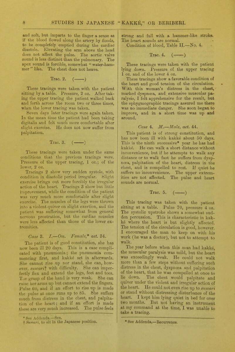 and soft, but imparts to the finger a sense as if the blood flowed along the artery by floods, to be completely emptied during the cardiac diastole. Elevating the arm above the head does not affect the pulse. The aortic valve sound is less distinct than the pulmonary. The apex sound is forcible, somewhat  water-ham- mer  like. The chest does not heave. Trac. 2. ( ) These tracings were taken with the patient sitting by a table. Pressure, 2 oz. After tak- ing the upper tracing the patient walked back and forth across the room two or three times, when the lower tracing was taken. Seven days later tracings were again taken. In the mean time the patient had been taking digitalis and folt much more comfortable after slitfht exercise. He does not now suffer from palpitation. Trac. 3. ( ) These tracings were taken under the same conditions that the previous tracings were. Pressure of the upper tracing, 1 oz.; of the lower, 2 oz. Tracings 2 show very sudden systole, with condition in diastolic period irregular. Slight exercise brings out more forcibly the irregular action of the heart. Tracings 3 show hut little improvement, while the condition of the patient was very much more comfortable after slight exercise. The muscles of the legs were thrown into a violent quiver on slight exertion, and the patient was suffering somewhat from general nervous prostration, but the cardiac muscles were less affected than those of the lower ex- tremities. Case 3. /.—Om. Female* aet. 34. The patient is of good constitution, she has now been ill 20 days. This is a case compli- cated with pneumonia; the pneumonia com- mencing first, and kakke set in afterwards. She cannot rise up nor stand, she can, how- ever, suioari] with difficulty. She can imper- fectly flex and extend the legs, feet and toes. TAG grasi) of the hand is very weak. She can raise her arms up but cannot extend the fingers. Pulse 6U, and if an effort to rise up is made the pulse at once runs up to 85. She suffers much froin distress in the chest, and palpita- tion of tiie heart; and if an effort is made these are very much increased. The pulse feels * See Addenda.—Sex. t Sumari, to sit in the Japanese position. strong and full with a hammer-like stroke. The heart sounds are normal. Condition of blood, Table II.—No. 4. Trac. 4. ( ) These tracings were taken with the patient lying down. Pressure of the upper tracing 1 oz. and of the lower 4 oz. These tracings show a favorable condition of the heart and good tension of the circulation. With this woman's distress in the chest, marked dyspnoea, and extensive muscular pa- ralysis, I felt apprehensive for the result, but the sphygmographic tracings assured me there was no immediate danger. She soon began to improve, and in a short time was up and around. Case 4. M.—Male, aet. 44. This patient is of strong constitution, and has now been ill with kakke about 50 days. This is the ninth successive* year he has had kakke. He can walk a short distance without inconvenience, but if he attempts to walk any distance or to walk fast he suffers from dysp- noea, palpitation of the heart, distress in the chest, and is compelled to rest. If quiet he suffers no inconvenience. The upper extrem- ities are not affected. The pulse and heart sounds are normal. Trac. 5. ( ) This tracing was taken with the patient sitting at a table. Pulse 70, pressure 4 oz. The systolic upstroke shows a somewhat sud- den percussion. This is characteristic in kak- ke where the heart is but slightly affected. The tension of the circulation is good, however. I encouraged the man to keep on Avith his work (he was a doctor), but not to attempt to walk. The year before when this man had kakke, the muscular paralysis was mild, but the heart was exceedingly weak. He could not walk more than a few steps without suffering such distress in the chest, dyspnoea and palpitation of the heart, that he was compelled at once to lie down. The chest would palpitate and quiver under the violent and irregular action of the heart. He could not even rise up to svwari or stand mthout distressing disturbance of the heart. I kept him lying quiet in bed for over two months. But not having an instrument at my command at the time, I was unable to take a tracing. * See Addenda,—Recurrence.