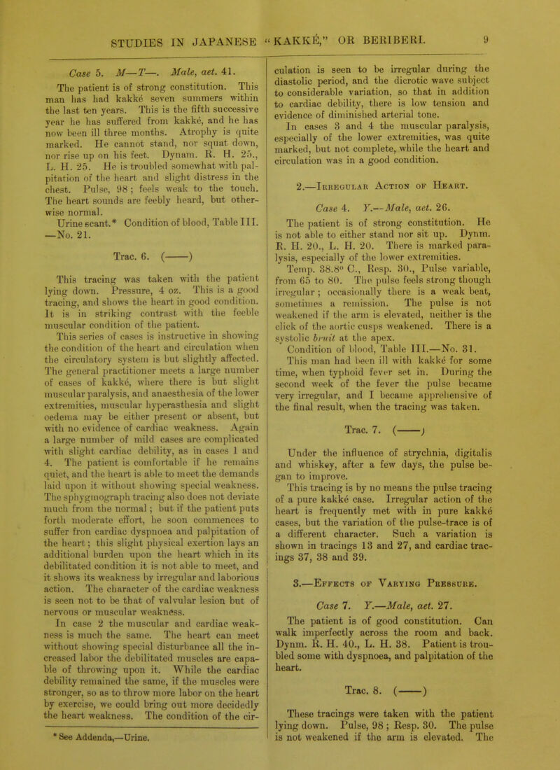 Case 5. M—T—. Male, aet. 41. The patient is of strong constitution. This man has had kakke seven summers within the last ten years. This is the fifth successive year he has suffered from kakke, and he has now been ill three months. Atrophy is quite marked. He cannot stand, nor squat down, nor rise up on his feet. Dynam. R. H. 25., L. H. 25. He is troubled somewhat with pal- pitation of the heart and slight distress in the chest. Pulse, 9« ; feels weak to the touch. The heart sounds are feebly heard, but other- wise normal. Urine scant.* Condition of blood. Table III. —No. 21. Trac. 6. ( ) This tracing was taken with the patient lying do^vn. Pressure, 4 oz. This is a good tracing, and shows the heart in good condition. It is in striking contrast with tlie feeble muscular condition of the patient. This series of cases is instructive in showing the condition of the heart and circulation when the circulatory system is but slightly affected. The general practitioner meets a large number of cases of kakke, where there is but slight muscular paralysis, and anaesthesia of the lower extremities, muscular hyperasthesia and slight oedema may be either present or absent, but with no evidence of cardiac weakness. Again a large number of mild cases are complicated with slight cardiac debility, as in cases 1 and 4. The patient is comfortable if he remains quiet, and the heart is able to meet the demands laid upon it without showing special weakness. The sphygmograph tracing also does not deviate much from the normal; but if the patient puts forth moderate effort, he soon commences to suffer fron cardiac dyspnoea and palpitation of the heart; ti)is slight physical exertion lays an additional burden upon the heart which in its debilitated condition it is not able to meet, and it shows its weakness by irregular and laborious action. The character of the cardiac weakness is seen not to be that of valvular lesion but of nervous or muscular weakness. In case 2 the muscular and cardiac weak- ness is much the same. The heart can meet without showing special disturbance all the in- creased labor the debilitated muscles are capa- ble of throwing upon it. While the cardiac debility remained the same, if the muscles were stronger, so as to throw more labor on the heart by exercise, we could bring out more decidedly the heart weakness. The condition of the cir- * See Addenda,—Urine, culation is seen to be irregular during the diastolic period, and the dicrotic wave subject to considerable variation, so that in addition to cardiac debility, there is low tension and evidence of diminished arterial tone. In cases 3 and 4 the muscular paralysis, especially of the lower extremities, was quite marked, but not complete, while the heart and circulation was in a good condition. 2.—luREGULAR AcTION OF HeART. Case 4. Y.—Male, aet. 26. The patient is of strong constitution. He is not able to either stand nor sit up. Dynm. R. H. 20., L. H. 20. There is marked para- lysis, especially of the lower extremities. Temp. 38.8 C, Resp. 30., Pulse variable, from 65 to 80. The pulse feels strong though irregular ; occasionally there is a weak beat, somethiies a remission. The pulse is not weakened if the arm is elevated, neither is the click of the aortic cusps weakened. There is a systolic bniit at the apex. Condition of blood, Table III.—No. 31. This man had been ill with kakke for some time, when typhoid fever set in. During the second week of the fever the pulse became very irregular, and I became apprehensive of the final result, when the tracing was taken. Trac. 7. ( ; Under the influence of strychnia, digitalis and whiskey, after a few days, the pulse be- gan to improve. This tracing is by no means the pulse tracing of a pure kakke case. Irregular action of the heart is frequently met with in pure kakke cases, but the variation of the pulse-trace is of a different character. Such a variation is shown in tracings 13 and 27, and cardiac trac- ings 37, 38 and 39. 3.—Effects of Varying Pressure. Case 7. Y.—Male, aet. 27. The patient is of good constitution. Can walk imperfectly across the room and back. Dynm. R. H. 40., L. H. 38. Patient is trou- bled some with dyspnoea, and palpitation of the heart. Trac. 8. ( ) These tracings were taken with the patient lying down. Pulse, 98 ; Resp. 30. The pulse is not weakened if the arm is elevated. The