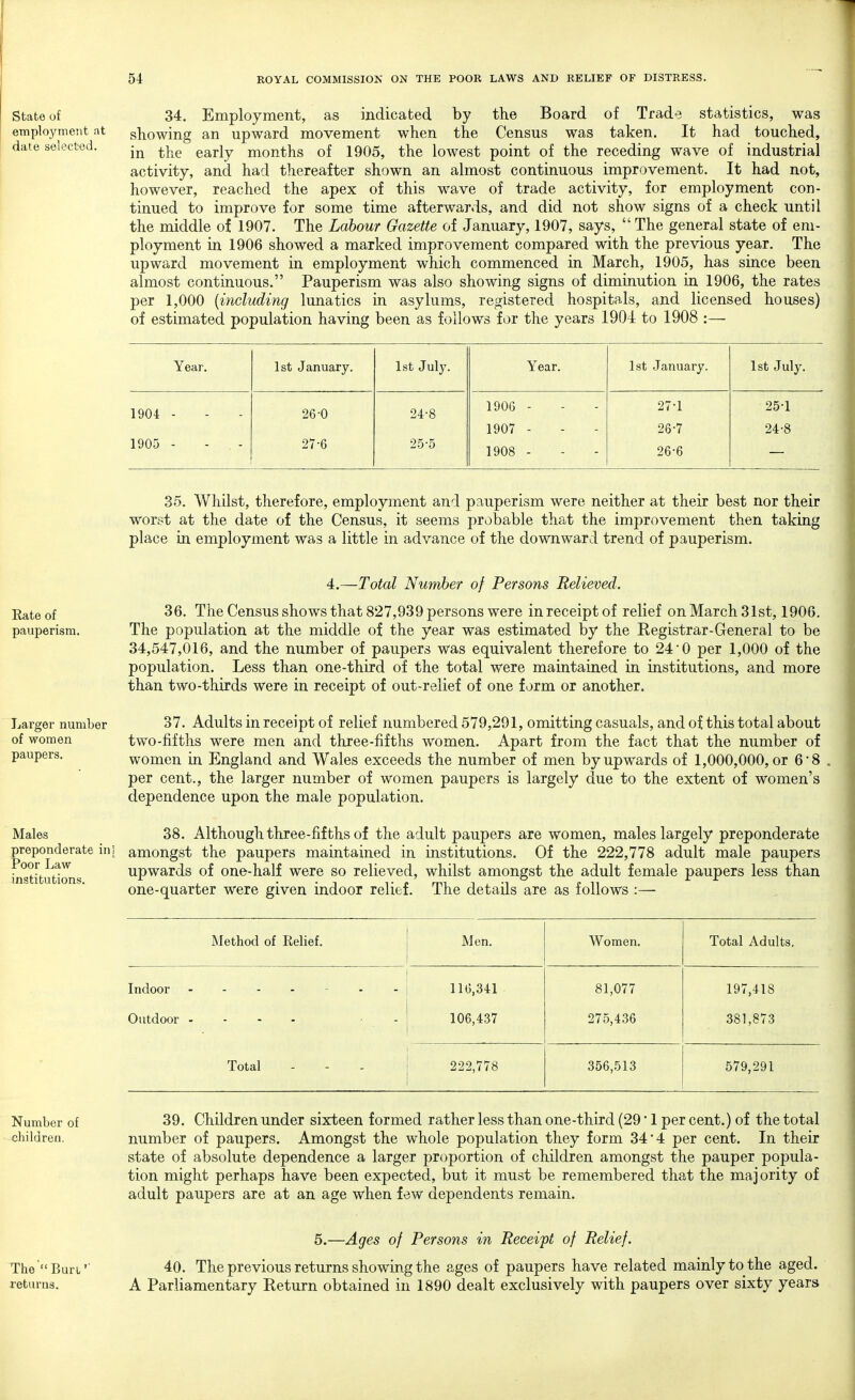 State of 34. Employment, as indicated by the Board of Trade statistics, was employment at showing an upward movement when the Census was taken. It had touched, date selected. jn eariy months of 1905, the lowest point of the receding wave of industrial activity, and had thereafter shown an almost continuous improvement. It had not, however, reached the apex of this wave of trade activity, for employment con- tinued to improve for some time afterwards, and did not show signs of a check until the middle of 1907. The Labour Gazette of January, 1907, says,  The general state of em- ployment in 1906 showed a marked improvement compared with the previous year. The upward movement in employment which commenced in March, 1905, has since been almost continuous. Pauperism was also showing signs of diminution in 1906, the rates per 1,000 {including lunatics in asylums, registered hospitals, and licensed houses) of estimated population having been as follows for the years 1904 to 1908 :— Year. 1st January. 1st July. Year. 1st January. 1st July. 1904 - 26-0 24-8 1906 - 27-1 25-1 1907 - 26-7 24-8 1905 - - - 27-6 25-5 1908 - - 26-6 35. Whilst, therefore, employment and pauperism were neither at their best nor their worst at the date of the Census, it seems probable that the improvement then taking place in employment was a little in advance of the downward trend of pauperism. Larger number of women 4.—Total Number of Persons Relieved. 36. The Census shows that 827,939 persons were in receipt of relief on March 31st, 1906. The population at the middle of the year was estimated by the Registrar-General to be 34,547,016, and the number of paupers was equivalent therefore to 24 0 per 1,000 of the population. Less than one-third of the total were maintained in institutions, and more than two-thirds were in receipt of out-relief of one form or another. 37. Adults in receipt of relief numbered 579,291, omitting casuals, and of this total about two-fifths were men and three-fifths women. Apart from the fact that the number of women in England and Wales exceeds the number of men by upwards of 1,000,000, or 6 8 per cent., the larger number of women paupers is largely due to the extent of women's dependence upon the male population. Males 38. Although three-fifths of the adult paupers are women, males largely preponderate preponderate ini amongst the paupers maintained in institutions. Of the 222,778 adult male paupers institutions upwards of one-half were so relieved, whilst amongst the adult female paupers less than one-quarter were given indoor relief. The details are as follows :— Method of Relief. Men. Women. Total Adults. Outdoor - 116,341 106,437 81,077 275,436 197,418 381,873 Total 222,778 356,513 579,291 Number of 39. Children under sixteen formed rather less than one-third (29' 1 per cent.) of the total children. number of paupers. Amongst the whole population they form 34*4 per cent. In their state of absolute dependence a larger proportion of children amongst the pauper popula- tion might perhaps have been expected, but it must be remembered that the majority of adult paupers are at an age when few dependents remain. 5.—Ages of Persons in Receipt of Relief. The  Bun' 40. The previous returns showing the ages of paupers have related mainly to the aged, returns. A Parliamentary Return obtained in 1890 dealt exclusively with paupers over sixty years