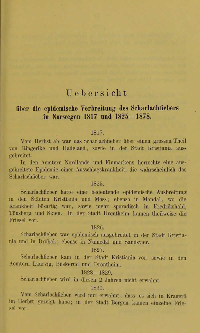 Uebersicht über die epidemische Verbreitung des Scharlachfiebers in Norwegen 1817 und 1825—1878. 1817. Vom Herbst ab war das Scharlachfieber über einen grossen Theil von Ringerike und Hadeland, sowie in der Stadt Kristiania aus- gebreitet. In den Aemtern Nordlands und Finmarkens herrschte eine aus- gebreitete Epidemie einer Ausschlagskrankheit, die wahrscheinlich das Scharlachfieber war. 1825. Scharlachfieber hatte eine bedeutende epidemische Ausbreitung in den Städten Kristiania und Moss; ebenso in Mandal, wo die Krankheit bösartig war, sowie mehr sporadisch in Fredrikshald, Tönsberg und Skien. In der Stadt Drontheim kamen theilweise die Friesel vor. 1826. Scharlachfieber war epidemisch ausgebreitet in der Stadt Kristia- nia und in Dröbak; ebenso in Numedal und Sandsvser. 1827. Scharlachfieber kam in der Stadt Kristiania vor, sowie in den Aemtern Laurvig, Buskerud und Drontheim. 1828—1829. Scharlachfieber wird in diesen 2 Jahren nicht erwcähnt. 1830. Vom Scharlachfieber wird nur erwähnt, dass es sich in Kragerö im Herbst gezeigt habe; in der Stadt Bergen kamen einzelne Frie- sel vor.