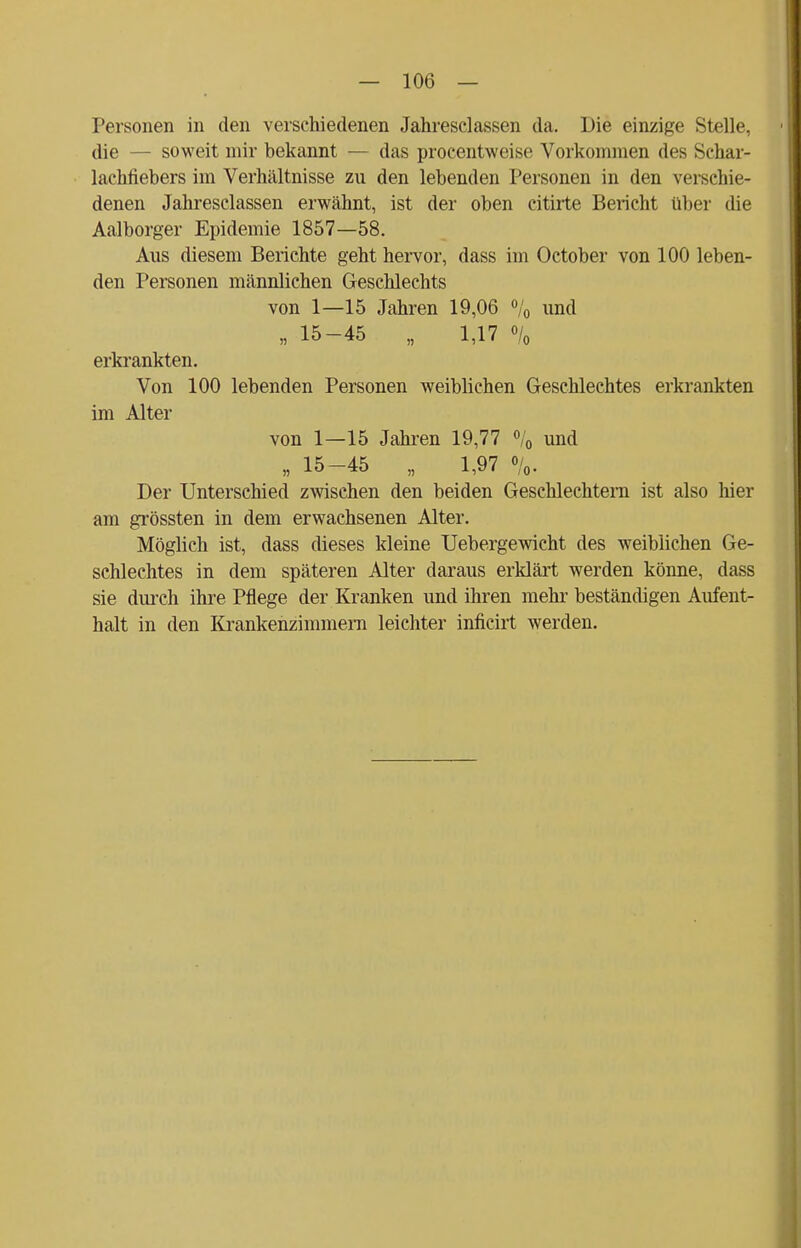 Personen in den verschiedenen Jahresclassen da. Die einzige Stelle, die - - soweit mir bekannt — das procentweise Vorkommen des Schar- lachfiebers im Verhältnisse zu den lebenden Personen in den verschie- denen Jahresclassen erwähnt, ist der oben citirte Bericht über die Aalborger Epidemie 1857—58. Aus diesem Berichte geht hervor, dass im October von 100 leben- den Personen männlichen Geschlechts von 1—15 Jahren 19,06 % und „ 15-45 „ 1,17 % erkrankten. Von 100 lebenden Personen weiblichen Geschlechtes erkrankten im Alter von 1—15 Jahren 19,77 °/0 und „ 15-45 „ 1,97 %. Der Unterschied zwischen den beiden Geschlechtem ist also liier am grössten in dem erwachsenen Alter. Möglich ist, dass dieses kleine Uebergewicht des weiblichen Ge- schlechtes in dem späteren Alter daraus erklärt werden könne, dass sie durch ihre Pflege der Kranken und ihren mehr beständigen Aufent- halt in den Krankenzimmern leichter inficirt werden.