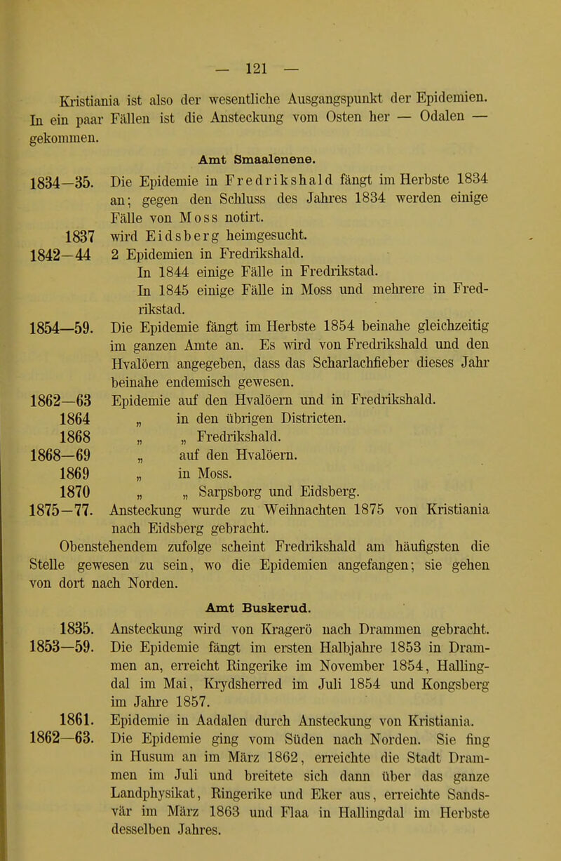Kristiania ist also der wesentliche Ausgangspunkt der Epidemien. In ein paar Fällen ist die Ansteckung vom Osten her — Odalen — gekommen. Amt Smaalenene. 1834—35- Die Epidemie in Fredrikshald fängt im Herbste 1834 an; gegen den Schluss des Jahres 1834 werden einige Fälle von Moss notirt. 1837 wird Eidsberg heimgesucht. 1842—44 2 Epidemien in Fredrikshald. In 1844 einige Fälle in Fredrikstad. In 1845 einige Fälle in Moss und mehrere in Fred- rikstad. 1854—59. Die Epidemie fängt im Herbste 1854 beinahe gleichzeitig im ganzen Amte an. Es wird von Fredrikshald und den Hvalöern angegeben, dass das Scharlachfieber dieses Jahr beinahe endemisch gewesen. 1862—63 Epidemie auf den Hvalöern und in Fredrikshald. 1864 „ in den übrigen Districten. 1868 „ „ Fredrikshald. 1868—69 „ auf den Hvalöern. 1869 „ in Moss. 1870 „ „ Sarpsborg und Eidsberg. 1875—77. Ansteckung wurde zu Weihnachten 1875 von Kristiania nach Eidsberg gebracht. Obenstehendem zufolge scheint Fredrikshald am häufigsten die Stelle gewesen zu sein, wo die Epidemien angefangen; sie gehen von dort nach Norden. Amt Buskerud. 1835. Ansteckung wird von Kragerö nach Drammen gebracht. 1853—59. Die Epidemie fängt im ersten Halbjahre 1853 in Dram- men an, erreicht Ringerike im November 1854, Halling- dal im Mai, Krydsherred im Juli 1854 und Kongsberg im Jahre 1857. 1861. Epidemie in Aadalen durch Ansteckung von Kristiania. 1862—63. Die Epidemie ging vom Süden nach Norden. Sie fing in Husum an im März 1862, erreichte die Stadt Dram- men im Juli und breitete sich dann über das ganze Landphysikat, Ringerike und Eker aus, erreichte Sands- vär im März 1863 und Flaa in Hallingdal im Herbste desselben Jahres.