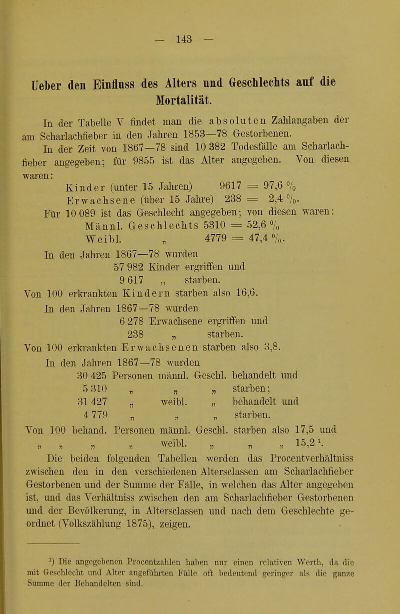 Ueber den Einfluss des Alters und Geschlechts auf die Mortalität. In der Tabelle V findet man die absoluten Zahlangaben der am Scharlachfieber in den Jahren 1853—78 Gestorbenen. In der Zeit von 1867—78 sind 10 382 Todesfälle am Scharlach- fieber angegeben; für 9855 ist das Alter angegeben. Von diesen waren: Kinder (unter 15 Jahren) 9617 = 97,6 % Erwachsene (über 15 Jahre) 238 = 2,4 %. Für 10 089 ist das Geschlecht angegeben; von diesen waren: Männl. Geschlechts 5310 = 52,6 % Weibl. „ 4779 = 47,4%. In den Jahren 1867—78 wurden 57 982 Kinder ergriffen und 9 617 „ starben. Von 100 erkrankten Kindern starben also 16,6. In den Jahren 1867—78 wurden 6 278 Erwachsene ergriffen und 238 „ starben. Von 100 erkrankten Erwachsenen starben also 3,8. In den Jahren 1867—78 wurden 30 425 Personen männl. Geschl. behandelt und 5 310 „ „ „ starben; 31 427 „ weibl. „ behandelt und 4 779 „ „ „ starben. Von 100 behand. Personen männl. Geschl. starben also 17,5 und „ „ » « weibl. „ „ „ 15,2!. Die beiden folgenden Tabellen werden das Procentverhältniss zwischen den in den verschiedenen Altersclassen am Scbarlaclifieber Gestorbenen und der Summe der Fälle, in welchen das Alter angegeben ist, und das Verhältniss zwischen den am Scharlachfieber Gestorbenen und der Bevölkerung, in Altersclassen und nach dem Geschlechte ge- ordnet (Volkszählung 1875), zeigen. ') Die angegebenen Procentzahlen haben nur einen relativen Werth, da die mit Geschlecht und Alter angeführten Fälle oft bedeutend geringer als die ganze Summe der Behandelten sind.