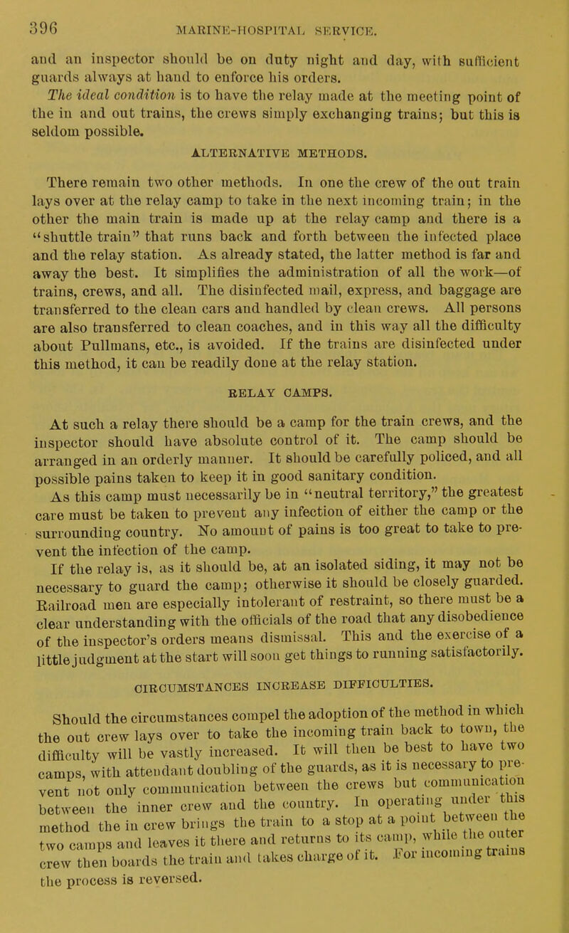 and an inspector should be on duty night and day, with sufTicient guards always at hand to enforce his orders. The ideal condition is to have the relay made at the meeting point of the in and out trains, the crews simply exchanging trains; but this is seldom possible. 1X.TBRNATIVE METHODS. There remain two other methods. In one the crew of the out train lays over at the relay camp to take in the next incoming train; in the other the main train is made up at the relay camp and there is a shuttle train that runs back and forth between the infected place and the relay station. As already stated, the latter method is far and away the best. It simplifies the administration of all the work—of trains, crews, and all. The disinfected mail, express, and baggage are transferred to the clean cars and handled by clean crews. All persons are also transferred to clean coaches, and in this way all the difficulty about Pullmans, etc., is avoided. If the trains are disinfected under this method, it can be readily done at the relay station. RELAY CAMPS. At such a relay there should be a camp for the train crews, and the inspector should have absolute control of it. The camp should be arranged in an orderly manner. It should be carefully policed, and all possible pains taken to keep it in good sanitary condition. As this camp must necessarily be in neutral territory, the greatest care must be taken to prevent any infection of either the camp or the surrounding country. Ko amount of pains is too great to take to pre- vent the infection of the camp. If the relay is, as it should be, at an isolated siding, it may not be necessary to guard the camp; otherwise it should be closely guarded. Eailroad men are especially intolerant of restraint, so there must be a clear understanding with the officials of the road that any disobedience of the inspector's orders means dismissal. This and the exercise of a little judgment at the start will soon get things to running satisfactordy. CIRCUMSTANCES INCREASE DIFFICULTIES. Should the circumstances compel the adoption of the method in which the out crew lays over to take the incoming train back to town, the difficulty will be vastly increased. It will then be best to have two camps, with attendant doubling of the guards, as it is necessary to pre- vent iiot only communication between the crews but communication between the inner crew and the country. In operating under this method the in crew brings the train to a stop at a point between t^e two camps and leaves it there and returns to its camp, while the outer clew hen boards the train and takes charge of it. I^or incoming trains the process is reversed.