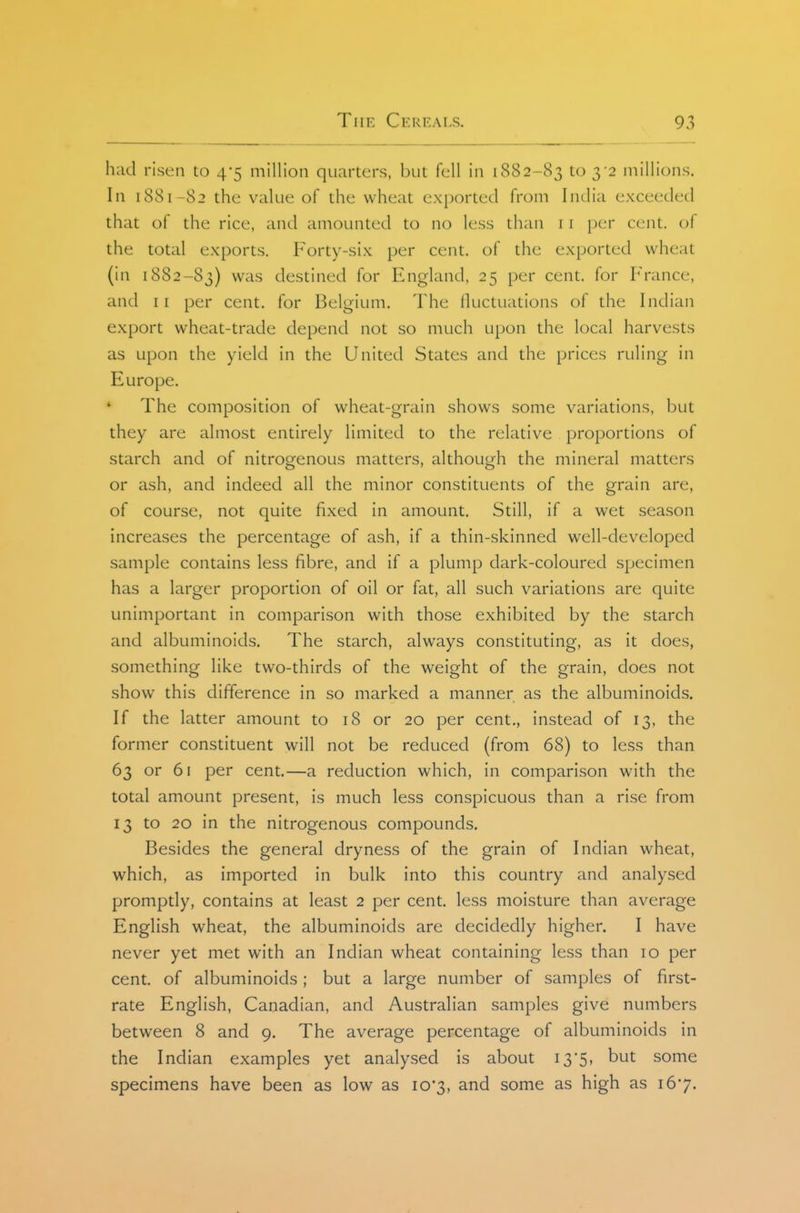 held risen to 4*5 million quarters, but fell in 1882-83 to 3-2 millions. In 1881-82 the value of the wheat exported from India exceeded that of the rice, and amounted to no less than 11 per cent, of the total exports. Forty-six per cent, of the exported wheat (in 1882-83) w^i^ destined for England, 25 per cent, for France, and 11 per cent, for Belgium. The fluctuations of the Indian export wheat-trade depend not so much upon the local harvests as upon the yield in the United States and the prices ruling in Europe. * The composition of wheat-grain shows some variations, but they are almost entirely limited to the relative proportions of starch and of nitrog^enous matters, althouo;h the mineral matters or ash, and indeed all the minor constituents of the grain are, of course, not quite fixed in amount. Still, if a wet season increases the percentage of ash, if a thin-skinned well-developed sample contains less fibre, and if a plump dark-coloured specimen has a larger proportion of oil or fat, all such variations are quite unimportant in comparison with those exhibited by the starch and albuminoids. The starch, always constituting, as it does, something like two-thirds of the weight of the grain, does not show this difference in so marked a manner as the albuminoids. If the latter amount to 18 or 20 per cent., instead of 13, the former constituent will not be reduced (from 68) to less than 63 or 61 per cent.—a reduction which, in comparison with the total amount present, is much less conspicuous than a rise from 13 to 20 in the nitrogenous compounds. Besides the general dryness of the grain of Indian wheat, which, as imported in bulk into this country and analysed promptly, contains at least 2 per cent, less moisture than average English wheat, the albuminoids are decidedly higher. I have never yet met with an Indian wheat containing less than 10 per cent, of albuminoids ; but a large number of samples of first- rate English, Canadian, and Australian samples give numbers between 8 and 9. The average percentage of albuminoids in the Indian examples yet analysed is about i35, but some specimens have been as low as 10*3, and some as high as 167.
