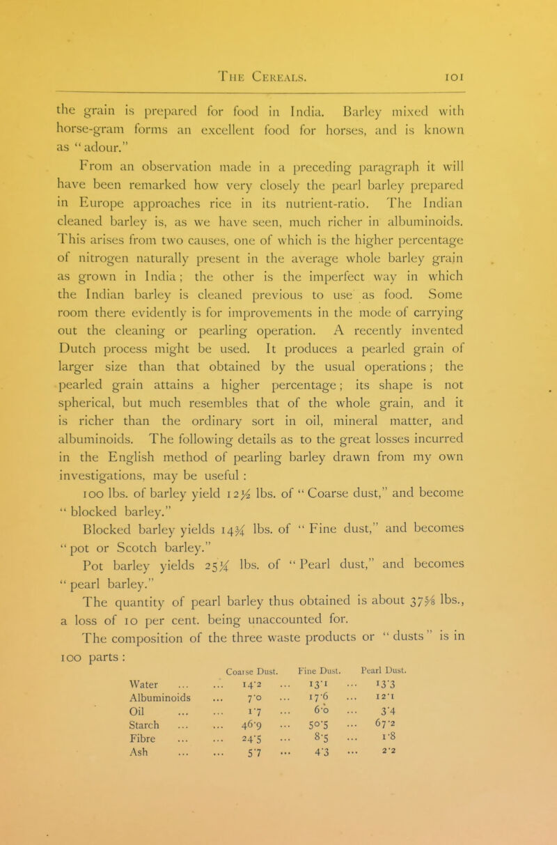the grain is prepared for food in India. Barley mixed with horse-gram forms an excellent food for horses, and is known as  adour. From an observation made in a preceding paragraph it will have been remarked how very closely the pearl barley prepared in Europe approaches rice in its nutrient-ratio. The Indian cleaned barley is, as we have seen, much richer in albuminoids. This arises from two causes, one of which is the higher percentage ot nitrogen naturally present in the average whole barley grain as grown in India; the other is the imperfect way in which the Indian barley is cleaned previous to use as food. Some room there evidently is for improvements in the mode of carrying out the cleaning or pearling operation. A recently invented Dutch process might be used. It produces a pearled grain of larger size than that obtained by the usual operations; the pearled grain attains a higher percentage; its shape is not spherical, but much resembles that of the whole grain, and It is richer than the ordinary sort in oil, mineral matter, and albuminoids. The following details as to the great losses incurred in the English method of pearling barley drawn from my own investigations, may be useful : lOO lbs. of barley yield i2>^ lbs. of  Coarse dust, and become  blocked barley. Blocked barley yields 14^ lbs. of  Fine dust, and becomes  pot or Scotch barley. Pot barley yields 2S'A lbs. of  Pearl dust, and becomes  pearl barley. The quantity of pearl barley thus obtained is about 37^ lbs., a loss of 10 per cent, being unaccounted for. The composition of the three waste products or  dusts is in 100 parts : Coarse Dust. Fine Dust. Pearl Dust. Water I42 . 13-1 i33 Albuminoids TO .. 17'6 I2'l Oil 1-7 .. 6-b . 34 Starch ... 46-9 •• • 50-5 • 67*2 Fibre 24-5 • 8-5 . 1-8 Ash 57 •• 4-3 • 2*2