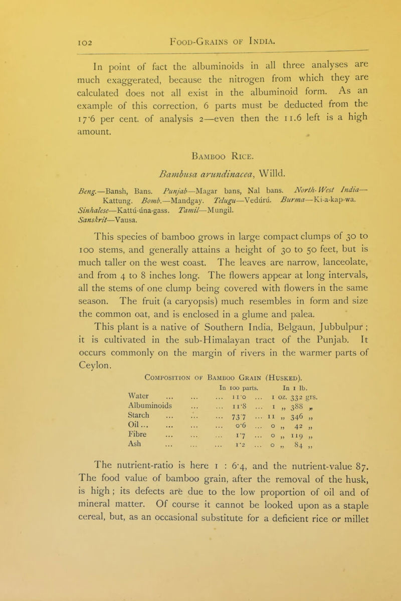 In point of fact the albuminoids in all three analyses are much exaggerated, because the nitrogen from which they are calculated does not all exist in the albuminoid form. As an example of this correction, 6 parts must be deducted from the 176 per cent, of analysis 2—even then the ii.6 left is a high amount. BaiMboo Rice. Bambiisa arundinacea, Willd. ^^.,/^._Bansh, Bans. Punjab—W'^'giiX bans, Nal bans. North-Wcst India— Kattung. Mandgay. 7>///^//—Veduru. Ki-a-kap-wa. Sinhalese—Kattii-iina-gass. Tamil—Miingil. Sanskrit—Vausa. This species of bamboo grows in large compact clumps of 30 to 100 stems, and generally attains a height of 30 to 50 feet, but is much taller on the west coast. The leaves are narrow, lanceolate, and from 4 to 8 inches long. The flowers appear at long intervals, all the stems of one clump being covered with flowers in the same season. The fruit (a caryopsis) much resembles in form and size the common oat, and is enclosed in a glume and palea. This plant is a native of Southern India, Belgaun, Jubbulpur ; it is cultivated in the sub-Himalayan tract of the Punjab. It occurs commonly on the margin of rivers in the warmer parts of Ceylon. Composition ok Bamboo Grain (Husked). In 100 parts. In I lb. Water ] 10 I oz. 332 grs. Albuminoids ... 11-8 ... I » 3^*^ » Starch ... 737 ... I I Oil 0-6 ... 0 M 42 „ Fibre 17 ... 0 Ash 12 0 >J ^4 ). The nutrient-ratio is here i : 6*4, and the nutrient-value 87. The food value of bamboo grain, after the removal of the husk, is high ; its defects are due to the low proportion of oil and of mineral matter. Of course it cannot be looked upon as a staple cereal, but, as an occasional substitute for a deficient rice or millet