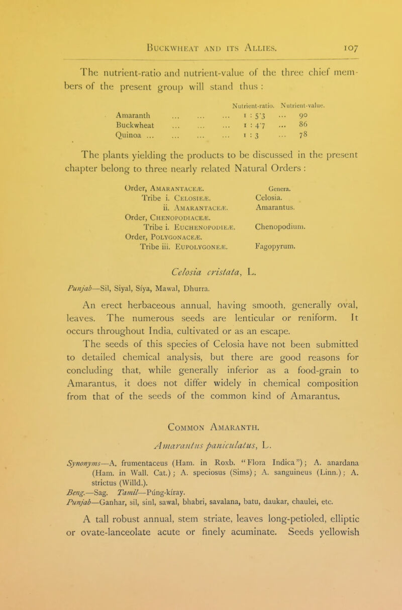 The nutrient-ratio and nutrient-value of the three chief mem- bers of the present group will stand thus : Nutrient-ratio. Nutrient-value. Amaranth i : 5'3 ••• 9° Buckwheat i : 47 ••• ^6 Quinoa ... ... 1:3 •■• 7^ The plants yielding the products to be discussed in the present chapter belong to three nearly related Natural Orders : Order, Amarantace.*;. Genera. Tribe i. Celosie/E. Celosia. ii. Amarantace^. Amarantus. Order, Chenopodiace^, Tribe i. Euchenopodie/E. Chenopodium. Order, Polygonace^. Tribe iii. EuPOLVGONE.t:. Fagopyrum. Celosia crislata, L. Punjab—Sil, Siyal, Si'ya, Mavval, Dhurra. An erect herbaceous annual, having smooth, generally oval, leaves. The numerous seeds are lenticular or reniform. It occurs throughout India, cultivated or as an escape. The seeds of this species of Celosia have not been submitted to detailed chemical analysis, but there are good reasons for concluding that, while generally inferior as a food-grain to Amarantus, it does not differ widely in chemical composition from that of the seeds of the common kind of Amarantus. Common Amaranth. Amarantuspanictilatus, L. Synonyms—K. frumentaceus (Ham. in Roxb. Flora Indica); A. anardana {Ham. in Wall. Cat); A. speciosus (Sims); A. sanguineus (Linn.); A. strictus (VVilld.). Beng.—Sag. Tamil—Pung-ki'ray. Punjab—Ganhar, sil, sinl, sawal, bhabri, savalana, batu, daukar, chaulei, etc. A tall robust annual, stem striate, leaves long-petioled, elliptic or ovate-lanceolate acute or finely acuminate. Seeds yellowish