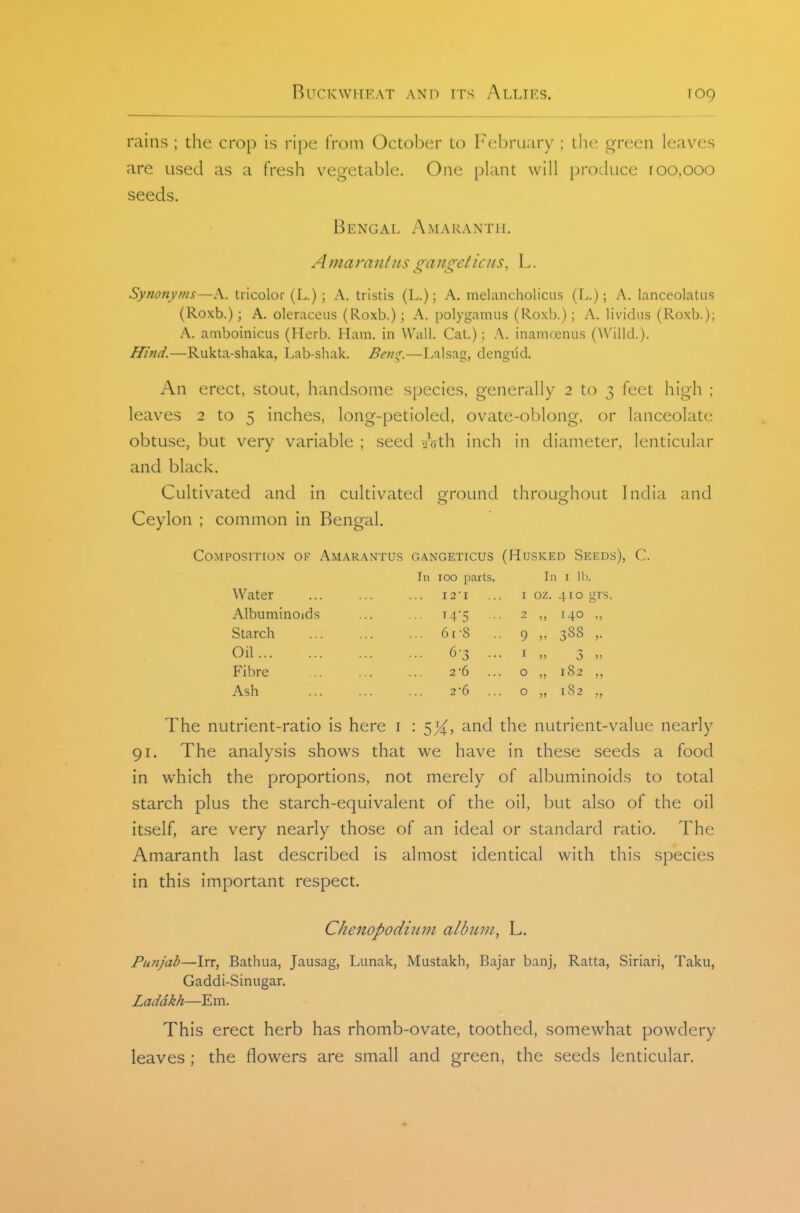 rains ; the crop is ripe from October to February ; the green leaves are used as a fresh vegetable. One plant will produce r00,000 seeds. Bengal Amaranth. A ma rant us gangeticus, L. Synonyms—A. tricolor (L.); A. tristis (L.); A. melancholiciis (L.); A. lanceolatus (Roxb.); A. oleraceus (Roxb.); A. polygamus (Roxb.); A. lividiis (Roxb.); A. amboinicus (Herb. Ham. in Wall. Cat.); A. inamcenus (Willcl). Hind.—Rukta-shaka, Lab-shak. Ben^.—Tvalsag, dengud. An erect, stout, handsome species, generally 2 to 3 feet high ; leaves 2 to 5 inches, long-petioled, ovate-oblong, or lanceolate obtuse, but very variable ; seed T-Vth inch in diameter, lenticular and black. Cultivated and in cultivated ground throughout India and Ceylon ; common in Bengal. Composition of Amarantus gangeticus (Husked Seeds), C. In 100 parts. In i Hi. Water ... ... ... i2i ... i oz. 410 grs. Albuminoids ... ... t4'5 .. 2 ,, 140 ,, 6r8 .. 9 „ 388 6- Starch Oil... Fibre Ash 2'6 ... o ,, 182 ,, 2'6 ... o „ 182 ., The nutrient-ratio is here i : 5X> ^.nd the nutrient-value nearly 91. The analysis shows that we have in these seeds a food in which the proportions, not merely of albuminoids to total starch plus the starch-equivalent of the oil, but also of the oil itself, are very nearly those of an ideal or standard ratio. The Amaranth last described is almost identical with this species in this important respect. Chenopodiinn albiuu, L. Punjab—Irr, Bathua, Jausag, Lunak, Mustakh, Bajar banj, Ratta, Siriari, Taku, Gaddi-Sinugar. Laddkh—Em. This erect herb has rhomb-ovate, toothed, somewhat powdery leaves ; the flowers are small and green, the seeds lenticular.