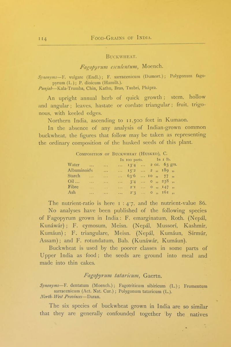 Buck WHEAT. Faoopyruin c sen lent wn, Moench. Synonyms—Y. viilgare (Endl.); F. sarracenicum (l)amort.); Polygonum fago- pyrum (L.); P. dioicum (Hamilt.). /*//«yrt'/5—Kala-Trumba, Chin, Kathu, Bras, Tsubri, Phapra. An upright annual herb of quick growth ; stem, hollow and angular; leave.s. ha.state or cordate triangular; fruit, trigo- nou.s, with keeled edges. Northern India, ascending to 11,500 feet in Kumaon. In the absence of any analysis of Indian-grown common buckwheat, the figures that follow may be taken as representing the ordinary composition of the husked seeds of this plant. Composition of Buckwheat (Husked), C. In 100 parts. In I lb. Water 13-4 ... 2 oz. 63 grs. Albuminoids ... ... i52 ... 2 ,, 189 Starch ... ... ... 636 ... 10 „ 77 Oil 3-4 ••• o 238 „ Fibre ... ... ... 2T ... o ,, 147 Ash ... ... ... 23 ... o „ 161 ,, The nutrient-ratio is here i : 47, and the nutrient-value 86. No analyses have been published of the following species of Fagopyrum grown in India: F. emarginatum, Roth. (Nepal, Kunawar) ; F. cymosum, Meisn. (Nepal, Musson', Kashmir, Kumdun) ; F. triangulare, Meisn. (Nepal, Kumaun, Si'rmur, Assam); and F. rotundatum, Bab. (Kunawar, Kumaun). Buckwheat is used by the poorer classes in some parts of Upper India as food; the seeds are ground into meal and made into thin cakes. Fagopyrum taiarieu?n, Gaertn. Synonyms—Y. dentatum (Moench.); Fagotriticum sibiricum (L.); Frumentum sarracenicum (Act. Nat. Cur.); Polygonum tataricum (L). North- West Provinces—Daran. The six species of buckwheat grown in India are so similar that they are generally confounded together by the natives