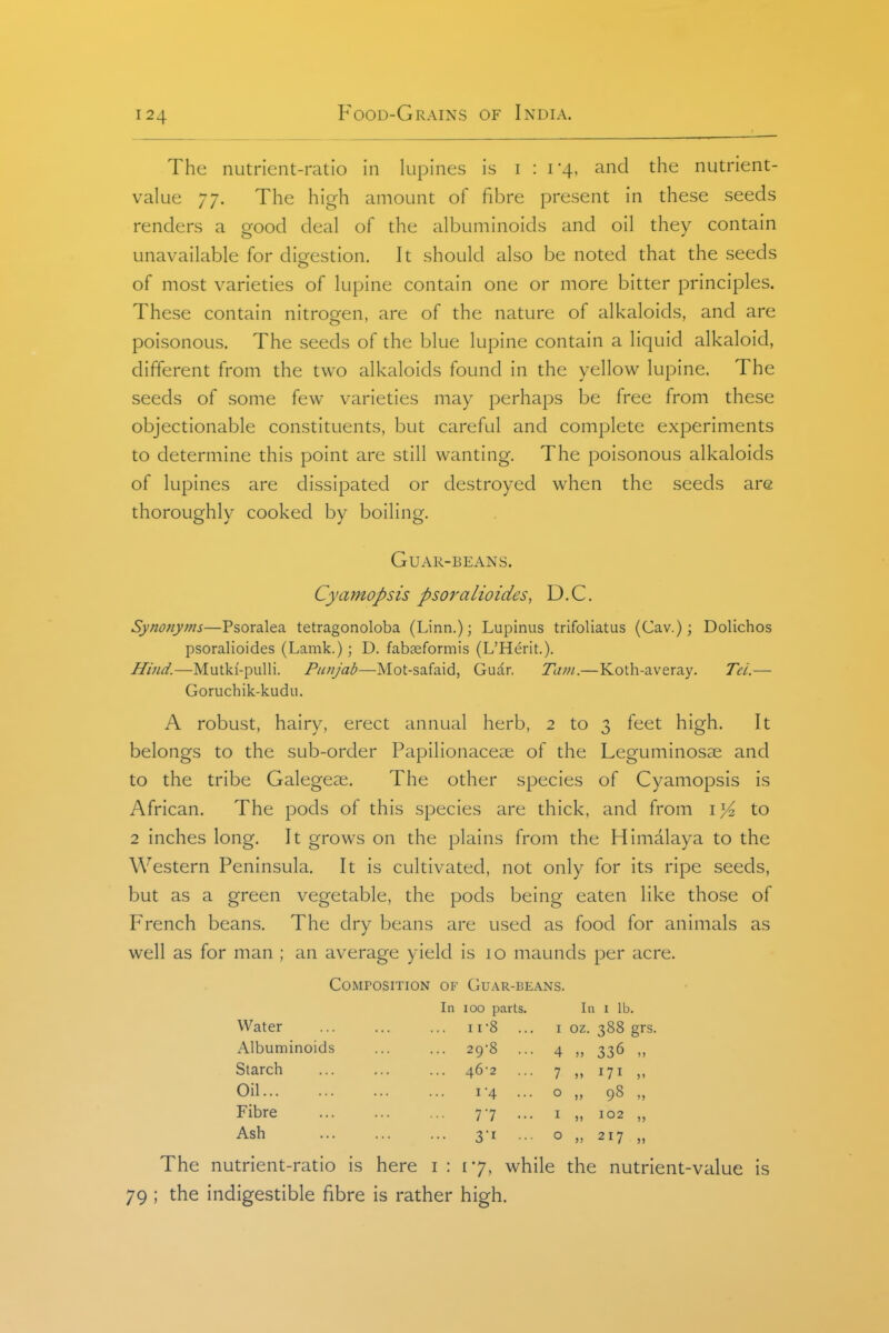 The nutrlcnt-ratio in lupines is i : 1-4, and the nutrient- value 77. The hicrh amount of fibre present in these seeds renders a good deal of the albuminoids and oil they contain unavailable for digestion. It should also be noted that the seeds of most varieties of lupine contain one or more bitter principles. These contain nitrogen, are of the nature of alkaloids, and are poisonous. The seeds of the blue lupine contain a liquid alkaloid, different from the two alkaloids found in the yellow lupine. The seeds of some few varieties may perhaps be free from these objectionable constituents, but careful and complete experiments to determine this point are still wanting. The poisonous alkaloids of lupines are dissipated or destroyed when the seeds are thoroughly cooked by boiling. GUAR-BEANS. Cyamopsis psoralioides, D.C. Synojiyms—Psoralea tetragonoloba (Linn.); Lupinus trifoliatus (Cav.); Dolichos psoralioides (Lamk.); D. fabseformis (L'Herit.). Hind.—Mutki-puUi. Punjab—Mot-safaid, Guar. Tani.—Koth-averay. Tel.— Goruchik-kudu. A robust, hairy, erect annual herb, 2 to 3 feet high. It belongs to the sub-order Papilionacea; of the Leguminosae and to the tribe Galegeae. The other species of Cyamopsis is African. The pods of this species are thick, and from i>^ to 2 inches long. It grows on the plains from the Himalaya to the Western Peninsula. It is cultivated, not only for its ripe seeds, but as a green vegetable, the pods being eaten like those of French beans. The dry beans are used as food for animals as well as for man ; an average yield is 10 maunds per acre. Composition of Guar-beans. In 100 parts. In i lb. Water 11-8 ... i oz. 388 grs. Albuminoids ... ... 29*8 ... 4 336 Starch ... ... ... 46-2 ... 7 Oil... ... ... ... I 4 ... o Fibre ... ... ... 77 ... i Ash ... ... ... 3T ... o 171 98 „ 102 „ 217 „ The nutrient-ratio is here i : 17, while the nutrient-value is 79 ; the indigestible fibre is rather high.