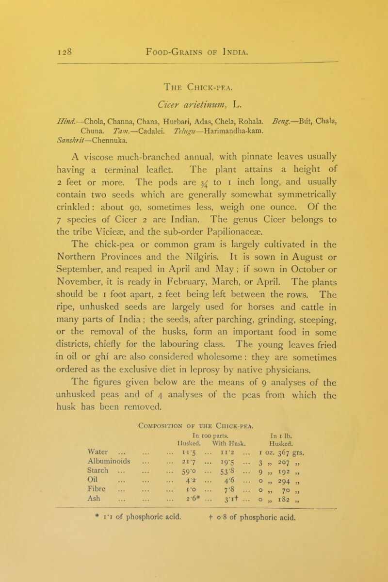 The Chick-pea. Cicer arietmtmi, L. Hind.—Chola, Channa, Ghana, Hurbari, Adas, Chela, Rohala. Betig.—But, Chala, Chuna. Tarn.—Cadalei. Telugu—Harimandha-kam. Sanskrit—Ocitxvsxyi^z.. A viscose much-branched annual, with pinnate leaves usually having a terminal leaflet. The plant attains a height of 2 feet or more. The pods are ^ to i inch long, and usually contain two seeds which are generally somewhat symmetrically crinkled: about 90, sometimes less, weigh one ounce. Of the 7 species of Cicer 2 are Indian. The genus Cicer belongs to the tribe Viciese, and the sub-order Papilionacese. The chick-pea or common gram is largely cultivated in the Northern Provinces and the Nilgiris. It is sown in August or September, and reaped in April and May ; if sown in October or November, it is ready in February, March, or April. The plants should be i foot apart, 2 feet being left between the rows. The ripe, unhusked seeds are largely used for horses and cattle in many parts of India ; the seeds, after parching, grinding, steeping, or the removal of the husks, form an important food in some districts, chiefly for the labouring class. The young leaves fried in oil or ghi are also considered wholesome : they are sometimes ordered as the exclusive diet in leprosy by native physicians. The figures given below are the means of 9 analyses of the unhusked peas and of 4 analyses of the peas from which the husk has been removed. Composition of the Chick-pea. In 100 parts. In I lb. Husked. With Husk. Husked. Water ... 11-5 II2 I OZ, 367 grs. Albuminoids 217 ... 19-5 ... 3 207 „ Starch ... 59-0 •■• 53-8 ... 9 192 „ Oil 4-2 ... 4-6 ... 0 » 294 „ Fibre I'O ... 7-8 ... 0 70 „ Ash 2 6* 3-it ... 0 „ 182 „ * I'I of phosphoric acid. f 0 8 of phosphoric acid.