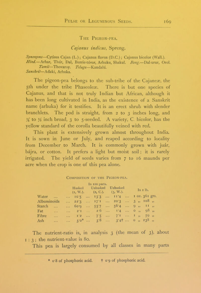 The Pigeon-pea. Cajamts indicus, Spreng. Synonyms—Qyj\A%\\% Cajan (L.); Cajanus flaviis (D.C.); Cajanus bicolor (Wall.). Hind.—kx\\2J, Tluir, Dal, Burrie-tuvar, Arhuku, Shakul. i?^//^.—Dal-urur, Orol. Thovaroy. T'e^///^?/—Kandalu. Sanskrit—Adaki, Arhuka. The pigeon-pea belongs to the sub-tribe of the Cajaneee, the 5th under the tribe Phaseolece. There is but one species of Cajanus, and that is not truly Indian but African, although it has been long cultivated in India, as the existence of a Sanskrit name (arhuka) for it testifies. It is an erect shrub with slender branchlets. The pod is straight, from 2 to 3 inches long, and ^ to ^ inch broad, 3 to 5-seeded. A variety, C. bicolor, has the yellow standard of the corolla beautifully veined with red. This plant is extensively grown almost throughout India. It is sown in June or July, and reaped according to locality from December to March. It is commonly grown with juar, bajra, or cotton. It prefers a light but moist soil ; it is rarely irrigated. The yield of seeds varies from 7 to 16 maunds per acre when the crop is one of this pea alone. Composition of the Pigeon-pea. In 100 parts. Husked Unhusked Unhusked In I lb. (I, W.). (2, C). (3, W.). Water ... ic-5 . •• i33 •• . 11-4 ... I oz. 361 Albuminoids ... 22-3 . .. i7'i • . 20-3 ... 3 „ 108 Starch 6o9 •• 557 • ■ 56-4 •■• 9 „ II Fat 2'I 2-6 . T-4 ... 0 Fibre 12 •• 7'5 • yi ... I M 59 Ash 3-0* . .. 3-8 • 3'4t ••• 0 238 The nutrient-ratio is, in analysis 3 (the mean of 3), about 1:3; the nutrient-value is 80. This pea is largely consumed by all classes in many parts * o'8 of phosphoric acid. t o9 of phosphoric acid.