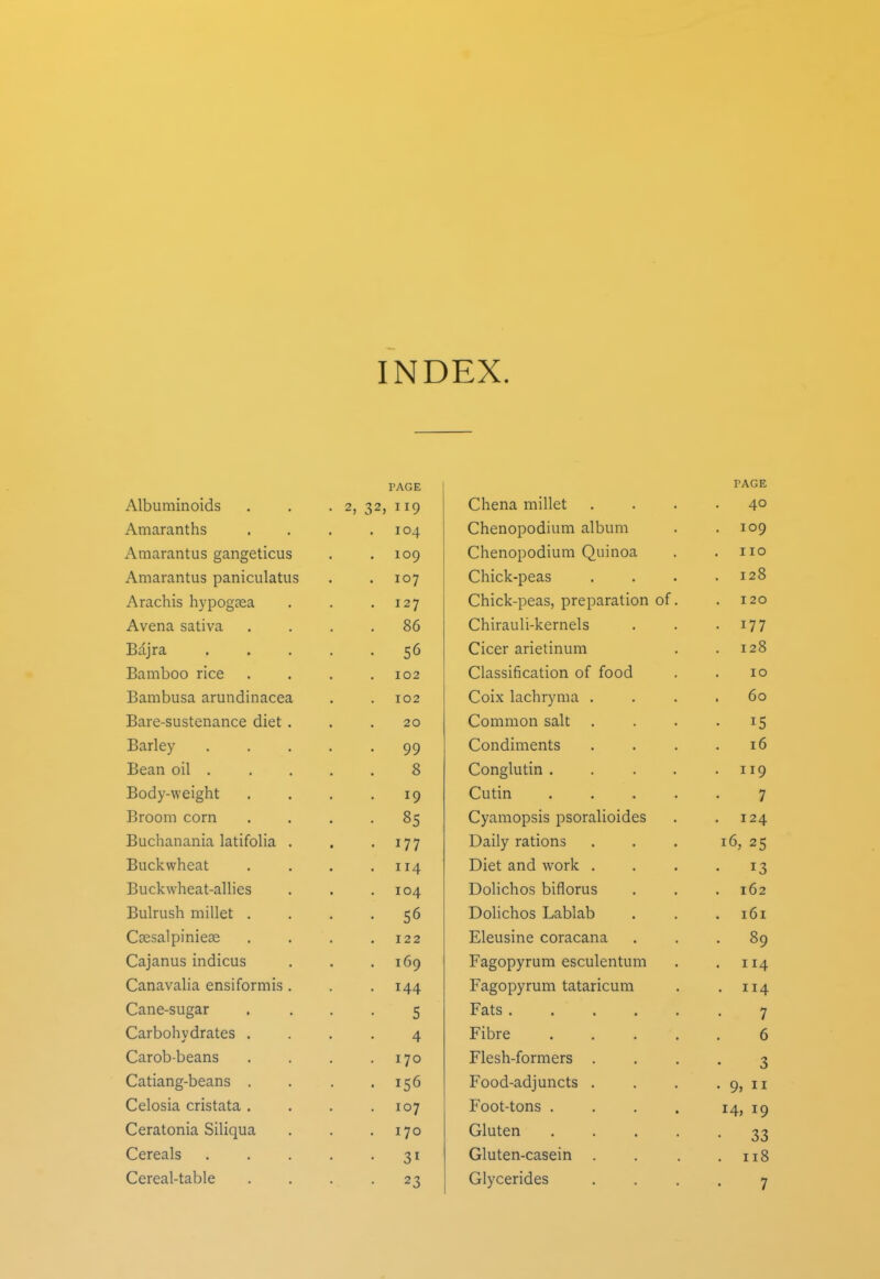 INDEX. Albuminoids Amaranths Amarantus gangeticus Amarantus paniculatiis Arachis hypogsea Avena sativa Bdjra Bamboo rice Bambusa arundinacea Bare-sustenance diet. Barley Bean oil . Body-weight Broom corn Buchanania latifolia . Buckwheat Buckwheat-allies Bulrush millet . Csesalpiniese Cajanus indicus Canavalia ensiformis . Cane-sugar Carbohydrates . Carob-beans Catiang-beans . Celosia cristata . Ceratonia Siliqua Cereals Cereal-table PAGE TAGE 2, 32, 119 Chena millet 40 104 Chenopodium album 109 109 Chenopodium Quinoa 110 107 Chick-peas . 128 . 127 Chick-peas, preparation of. 120 . 86 Chirauli-kernels . 177 . 56 Cicer arietinum . 128 102 Classification of food 10 102 Coix lachryma . 60 20 Common salt • 15 • 99 Condiments 16 8 Conglutin .... . 119 • 19 Cutin .... 7 . 85 Cyamopsis psoralioides 124 • 177 Daily rations 16, 25 . 114 Diet and work . 13 . 104 Dolichos biflorus 162 • 56 Dolichos Lablab . 161 122 Eleusine coracana . 89 169 Fagopyrum esculentum . 114 • 144 Fagopyrum tataricum . 114 5 Fats 7 4 Fibre .... 6 170 Flesh-formers . 3 . 156 Food-adjuncts . . 9, II 107 Foot-tons .... 14, 19 170 Gluten .... • 33 • 31 Gluten-casein . . 118 • 23 Glycerides 7
