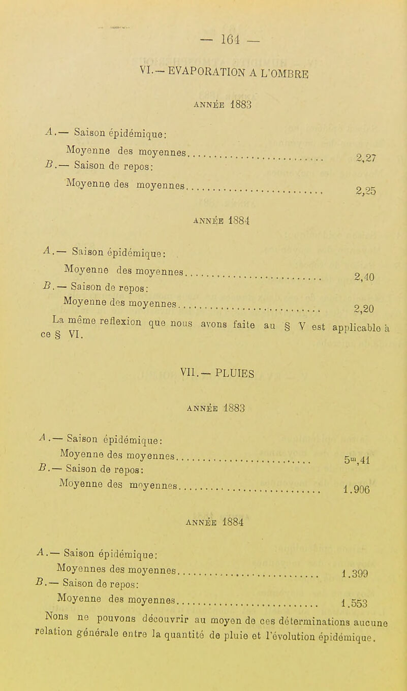 — 104 — VI— EVAPORATION A L'OMBRE ANNÉE 1883 A. — Saison épidémique: Moyenne des moyennes 9 27 B. — Saison de repos: Moyenne des moyennes 9 ot- f&fCw ANNÉE 188-1 A. — Saison épidémique : Moyenne des moyennes 2 40 B. — Saison de repos: Moyenne des moyennes 9 20 La même réflexion que nous avons faite au § V est applicable à ce § VI. VII.— PLUIES ANNÉE 1883 A .— Saison épidémique: Moyenne des moyennes 5m 41 B.— Saison de repos: Moyenne des moyennes ^ qqq ANNÉE 1884 A. — Saison épidémique: Moyennes des moyennes j 399 B. — Saison de repos: Moyenne des moyennes 1 553 Nons ne pouvons découvrir au moyen de ces déterminations auc_ relation générale entre la quantité de pluie et l'évolution épidémique. une