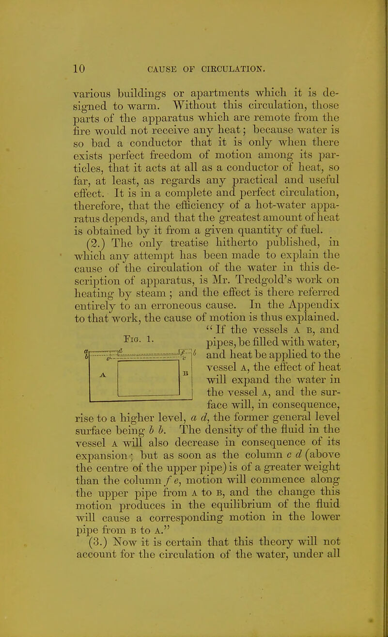 various buildings or apartments which it is de- signed to warm. Without this circulation, those parts of the apparatus which are remote from the fire would not receive any heat; because water is so bad a conductor that it is only when there exists perfect freedom of motion among its par- ticles, that it acts at all as a conductor of heat, so far, at least, as regards any practical and useful effect. It is in a complete and perfect circulation, therefore, that the efficiency of a hot-water appa- ratus depends, and that the greatest amount of heat is obtained by it fr-om a given quantity of fuel. (2.) The only treatise hitherto published, in which any attempt has been made to explain the cause of the cfrculation of the water in this de- scription of apparatus, is Mr. Tredgold's work on heating by steam ; and the effect is there referred entirely to an erroneous cause. In the Appendix to that work, the cause of motion is thus explained. If the vessels a b, and pipes, be filled with water, and heat be applied to the vessel A, the effect of heat will expand the water in the vessel a, and the sm-- face will, in consequence, rise to a higher level, a d, the former general level sm-face being h h. The density of the fluid in the vessel A will also decrease in consequence of its expansion; but as soon as the column c d (above the centre of the upper pipe) is of a greater weight than the column / motion will commence along the upper pipe from a to b, and the change this motion produces in the equilibrium of the fluid will cause a corresponding motion in the lower pipe from B to A. (3.) Now it is certain that this theory will not account for the circulation of the water, under all B