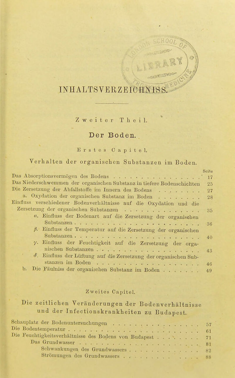 INHALTSVERZEICHNIS^ Zweiter Theil. Der Boden. Erstes Capitel. Verhalten der organischen Substanzen im Boden. Seite Das Absorptionsvermögen des Bodens ' 17 Das Niederschweminen der organischen Substanz in tiefere Bodenschichten 25 Die Zersetzung der Abfallstoffe im Innern des Bodens 27 a. Oxydation der organischen Substanz im Boden 28 Einfluss verschiedener Bodenverhältnisse auf die Oxydation und die Zersetzung der organischen Substanzen 35 a. Einfluss der Bodenart auf die Zersetzung der organischen Substanzen 3 g ß. Einfluss der Temperatur auf die Zersetzung der organischen Substanzen 40 y. Einfluss der Feuchtigkeit auf die Zersetzung der orga- nischen Substanzen 43 d1. Einfluss der Lüftung auf die Zersetzung der organischen Sub- stanzen im Boden 4ß b. Die Fäulniss der organischen Substanz im Boden 49 Zweites Capitel. Die zeitlichen Veränderungen der Bodenverhältnisse und der Infectionskrankheiten zu Budapest. Schauplatz der Boden Untersuchungen 57 Die Bodentemperatur •', 61 Die Feuchtigkeitsverhältnisse des Bodens von Budapest . . 71 Das Grundwasser gl Schwankungen des Grundwassers 82 Strömungen des Grundwassers 88