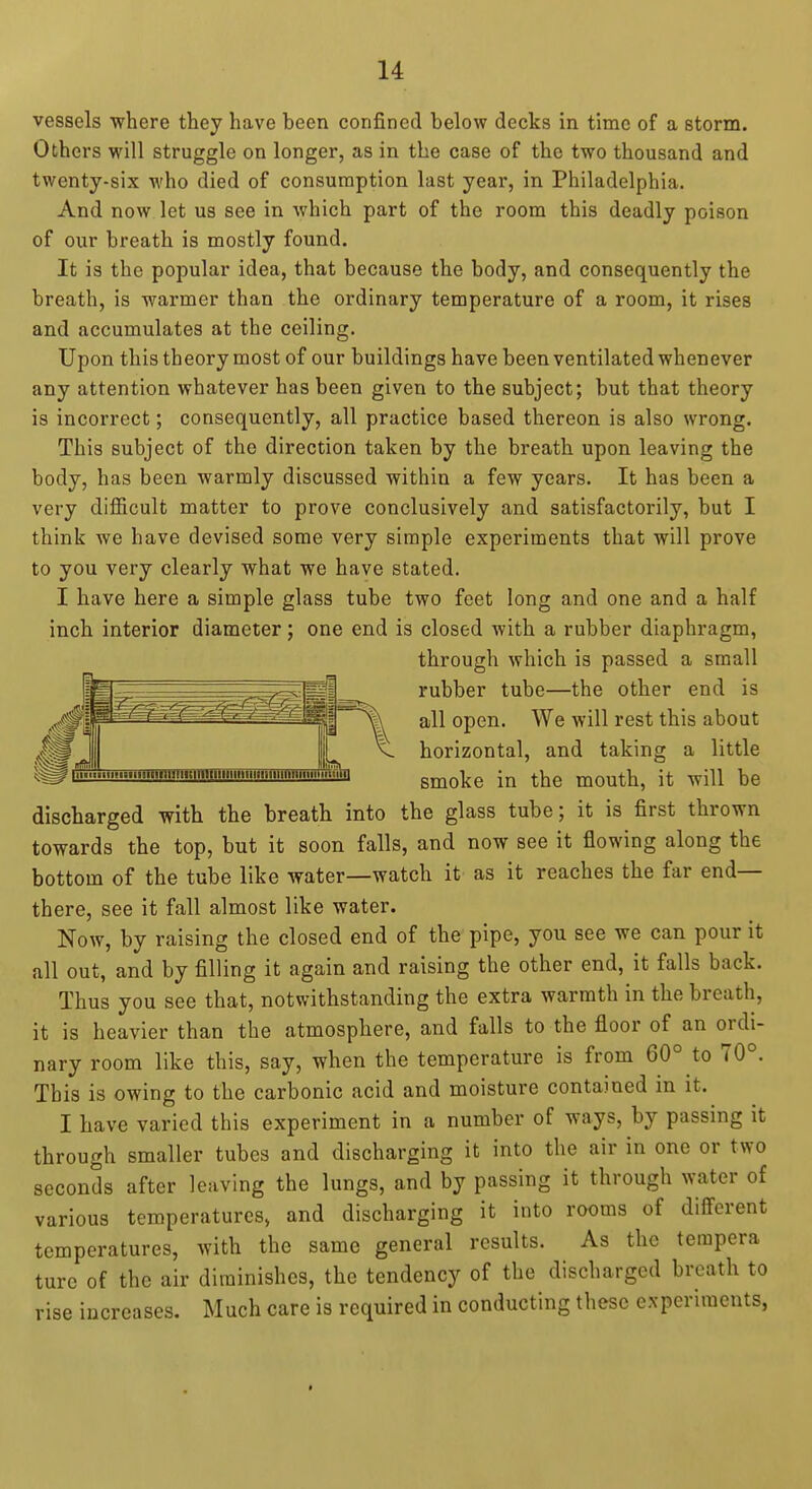 vessels where they have been confined below decks in time of a storm. Others will struggle on longer, as in the case of the two thousand and twenty-six who died of consumption last year, in Philadelphia. And now let us see in which part of the room this deadly poison of our breath is mostly found. It is the popular idea, that because the body, and consequently the breath, is warmer than the ordinary temperature of a room, it rises and accumulates at the ceiling. Upon this theory most of our buildings have been ventilated whenever any attention whatever has been given to the subject; but that theory is incorrect; consequently, all practice based thereon is also wrong. This subject of the direction taken by the breath upon leaving the body, has been warmly discussed within a few years. It has been a very difficult matter to prove conclusively and satisfactorily, but I think we have devised some very simple experiments that will prove to you very clearly what we have stated. I have here a simple glass tube two feet long and one and a half inch interior diameter; one end is closed with a rubber diaphragm, through which is passed a small rubber tube—the other end is all open. We will rest this about horizontal, and taking a little smoke in the mouth, it will be discharged with the breath into the glass tube; it is first thrown towards the top, but it soon falls, and now see it flowing along the bottom of the tube like water—watch it as it reaches the far end- there, see it fall almost like water. Now, by raising the closed end of the pipe, you see we can pour it all out, and by filling it again and raising the other end, it falls back. Thus you see that, notwithstanding the extra warmth in the breath, it is heavier than the atmosphere, and falls to the floor of an ordi- nary room like this, say, when the temperature is from 60° to 70°. This is owing to the carbonic acid and moisture contained in it. I have varied this experiment in a number of ways, by passing it through smaller tubes and discharging it into the air in one or two seconds after leaving the lungs, and by passing it through water of various temperatures, and discharging it into rooms of diflfcrent temperatures, with the same general results. As the tempera ture of the air diminishes, the tendency of the discharged breath to rise increases. Much care is required in conducting these experiments,