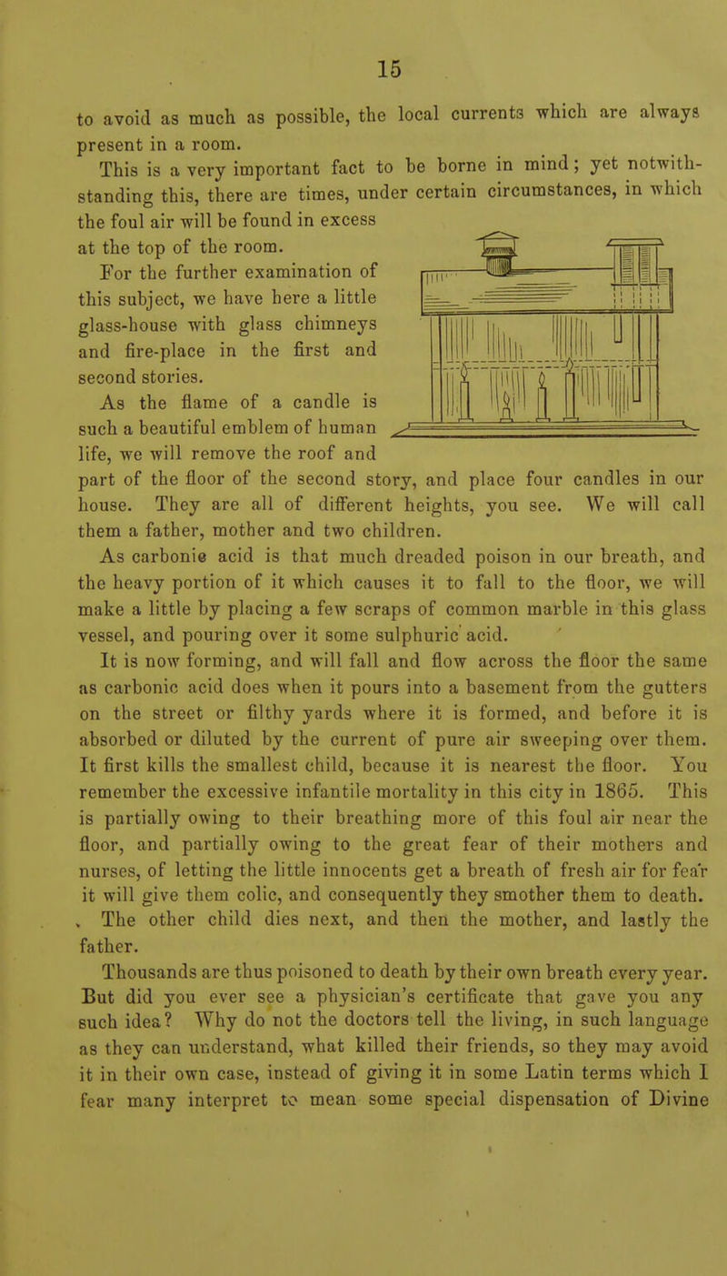 to avoid as much as possible, the local currents which are always present in a room. This is a very important fact to be borne in mind; yet notwith- standing this, there are times, under certain circumstances, in which the foul air will be found in excess at the top of the room. Tor the further examination of this subject, we have here a little glass-house with glass chimneys and fire-place in the first and second stories. As the flame of a candle is such a beautiful emblem of human life, we will remove the roof and part of the floor of the second story, and place four candles in our house. They are all of different heights, you see. We will call them a father, mother and two children. As carbonie acid is that much dreaded poison in our breath, and the heavy portion of it which causes it to fall to the floor, we will make a little by placing a few scraps of common marble in this glass vessel, and pouring over it some sulphuric acid. It is now forming, and will fall and flow across the floor the same as carbonic acid does when it pours into a basement from the gutters on the street or filthy yards where it is formed, and before it is absorbed or diluted by the current of pure air sweeping over them. It first kills the smallest child, because it is nearest the floor. You remember the excessive infantile mortality in this city in 1865. This is partially owing to their breathing more of this foul air near the floor, and partially owing to the great fear of their mothers and nurses, of letting the little innocents get a breath of fresh air for fear it will give them colic, and consequently they smother them to death. , The other child dies next, and then the mother, and lastly the father. Thousands are thus poisoned to death by their own breath every year. But did you ever see a physician's certificate that gave you any such idea? Why do not the doctors tell the living, in such language as they can uriderstand, what killed their friends, so they may avoid it in their own case, instead of giving it in some Latin terms which I fear many interpret to mean some special dispensation of Divine
