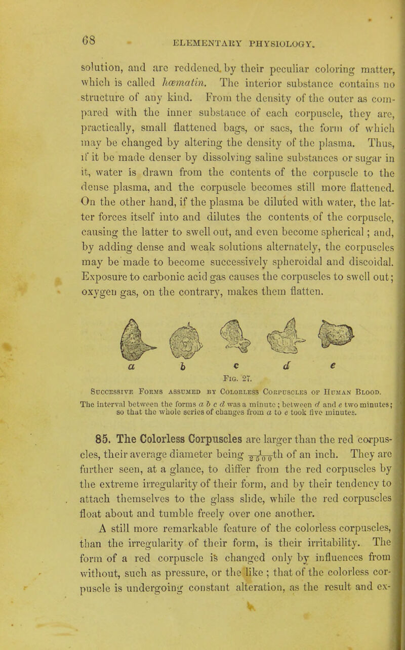 solution, and are reddened, by their peculiar coloring matter, which is called hcematin. The interior substance contains no structure of any kind. From the density of the outer as com- pared with the inner substance of each corpuscle, they are, practically, small flattened bags, or sacs, the form of which may be changed by altering the density of the plasma. Thus, it it be made denser by dissolving saline substances or sugar in it, water is drawn from the contents of the corpuscle to the dense plasma, and the corpuscle becomes still more flattened. On the other hand, if the plasma be diluted with water, the lat- ter forces itself into and dilutes the contents of the corpuscle, causing the latter to swell out, and even become spherical; and, by adding dense and weak solutions alternately, the corpuscles may be made to become successively spheroidal and discoidal. Exposure to carbonic acid gas causes the corpuscles to swell out; oxygen gas, on the contrary, makes them flatten. 2> c d e Fig. 2T. Successive Forms assumed by Colorless Corpusoles of Human Blood. The interval between the forms abed was a minute; between d and e two minutes; 80 that the whole series of changes from a to e took live minutes. 85. The Colorless Corpuscles are larger than the red coi-pus- cles, their average diameter being -g-^Vo^^ ^^^^y further seen, at a glance, to differ from the red corpuscles by the extreme irregularity of their form, and by their tendency to attach themselves to the glass slide, while the red corpuscles float about and tumble freely over one another. A still more remarkable feature of the colorless corpuscles, than the irregularity of their form, is their irritability. The form of a red corpuscle is changed only by influences from vvithout, such as pressure, or the like ; that of the colorless cor- puscle is undergoing constant alteration, as the result and ex-