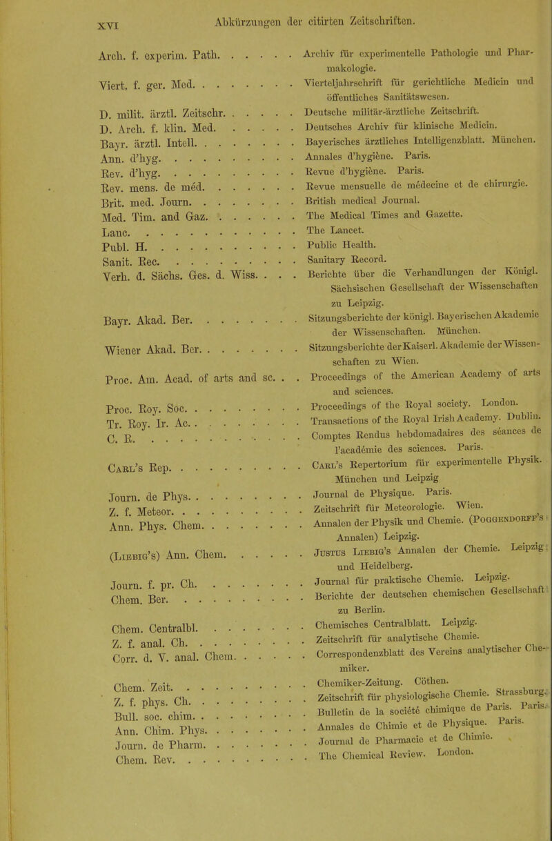 Arcll. f. experim. Path Archiv für experimentelle Pathologie und Phar- makologie. Viert, f. -er. Med Vierteljahrschrift für gerichtliche Medicin und öffentliches Sanitätswesen. D. milit. ärztl. Zeitschr Deutsche militär-ärztliche Zeitschrift. D. Arch. f. klin. Med Deutsches Archiv für klinische Medicin. Bayr. ärztl. Intell Bayerisches ärztliches Intelligenzblatt. München. Ann. d'byg Annales d'hygiene. Paris. Eev. d'byg Eevue d'hygiene. Paris. Rev. mens, de med Eevue mensuelle de medecine et de Chirurgie. Brit. med. Journ British medical Journal. Med. Tim. and Gaz The Medical Times and Gazette. Lanc The Lancet. Publ. H Public Health. Sanit. Bec Sanitary Record. Verb. d. Säcbs. Ges. d. Wiss. . . . Berichte über die Verhandlungen der Königl. Sächsischen Gesellschaft der Wissenschaften zu Leipzig. Bayr. Akad. Ber Sitzungsberichte der königl. Bayerischen Akademie der Wissenschaften. München. Wiener Akad. Ber Sitzungsberichte der Kaiserl. Akademie der Wissen- schaften zu Wien. Pl-OC. Am. Acad. of arts and sc. . . Proccedings of Übe American Academy of arte and sciences. Proc. Roy. Soc Proceedings of the Royal society. London. Tr. Roy. Ir. Ac Transactions of the Royal Irish Academy. Dublin. q R \ Comptes Rendus hebdomadaires des seances de l'academie des sciences. Paris. Carl's Rep Carl's Repertorium für experimentelle Physik. München und Leipzig Journ. de Phys Journal de Physique. Paris. Z f Meteor .... Zeitschrift für Meteorologie. Wien. Ann. Pbys. Chem. . Annalen der Physik und Chemie. (Poqgendorfk s Annalen) Leipzig. (LIEBIG'S) Ann. Chem Justus Liebig's Annalen der Chemie. Leipzig: und Heidelberg. Tnm-n f nr Ch .... Journal für praktische Chemie. Leipzig. Chem. Ber. Berichte der deutschen chemischen Gesellschaft zu Berlin. Chem. Centralbl. . . ' Chemisches Centralblatt. Leipzig. Z f anal Ch .... Zeitschrift für analytische Chemie. Corr. d. V. anal.'Chem Correspondenzblatt des Vereins analytischer Che- miker. • 7h7nhZvf ch  ! Chemie-strassbur?- Li sofchlm Bulletin de la socie^ chimique de Paris Paris. Inn Ch7nX; Annales de Chimie et de » Paris. Journ. de Pharm • Journal de Pharmacie et de Chimie. Chem. Rev The Chemical Review. London.