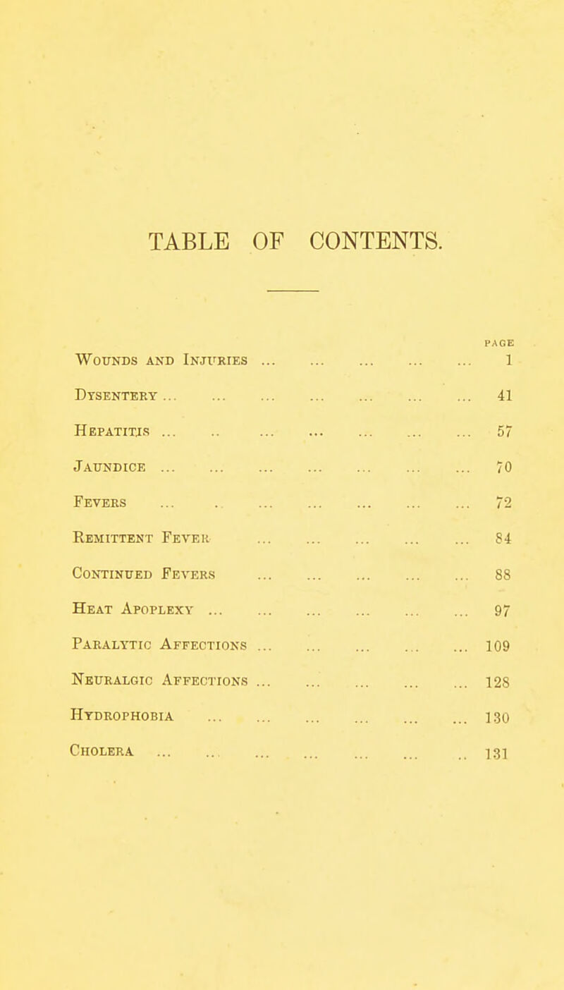 TABLE OF CONTENTS. PAGE Wounds and Injuries ] Dysentery 41 Hepatitjs 57 Jaundice 70 Fevers ... . 72 Remittent Fevek ... 84 Continued Fevers 88 Heat Apoplexy 97 Paralytic Affections 109 Neuralgic Affections 128 Hydrophobia 130 Cholera 13]