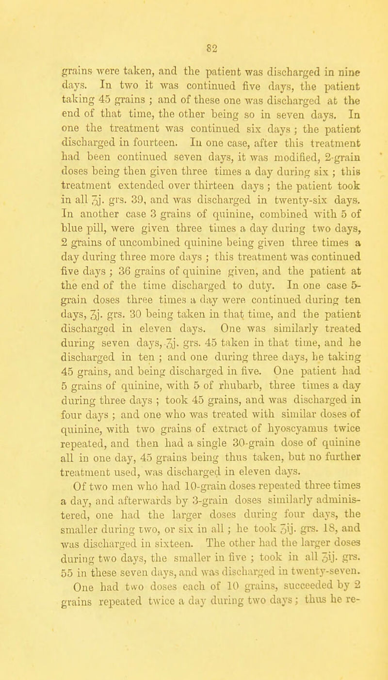 grains were taken, and the patient was discharged in nine days. In two it was continued five days, the patient taking 45 grains ; and of these one was discharged at the end of that time, the other being so in seven days. In one the treatment was continued six days ; the patient discharged in fourteen. lu one case, after this treatment had been continued seven days, it was modified, 2-graiii doses being then given three times a day during six ; this treatment extended over thirteen days ; tlie patient took in all grs. 39, and was discharged in twenty-six days. In another case 3 grains of quinine, combined with 5 of blue pill, were given three times a day during two days, 2 grains of uncombined quinine being given three times a day during three more days ; this treatment was continued five days ; 36 grains of quinine given, and the patient at the end of the time discharged to duty. In one case 5- grain doses three times a day were continued during ten days, 3j. grs. 30 being taken in that time, and the patient discharged in eleven days. One was similarly treated during seven days, 7)j- grs. 45 taken iu that time, and he discharged in ten ; and one during three days, he taking 45 grains, and being discharged in five. One patient had 5 grains of quinine, with 5 of rhubarb, three times a day during three days ; took 45 grains, and was discharged in four days ; and one who was treated with similar doses of quinine, with two grains of extract of hyoscyamus twice repeated, and then had a single 30-grain dose of quinine all in one day, 45 grains being thus taken, but no further treatment used, was discharged in eleven days. Of two men who had 10-grain doses repeated three times a day, and afterwards by 3-grain doses similarly adminis- tered, one had the larger doses during four days, the smaller during two, or six in all; he took oij- grs. 18, and was discharged in sixteen. The other had the larger doses during two days, the smaller in five ; took in all 3ij- gi3. 55 in these seven days, and was discharged iu twenty-seven. One had two doses each of 10 grains, succeeded by 2 grains repeated twice a day during two days; thus he re-