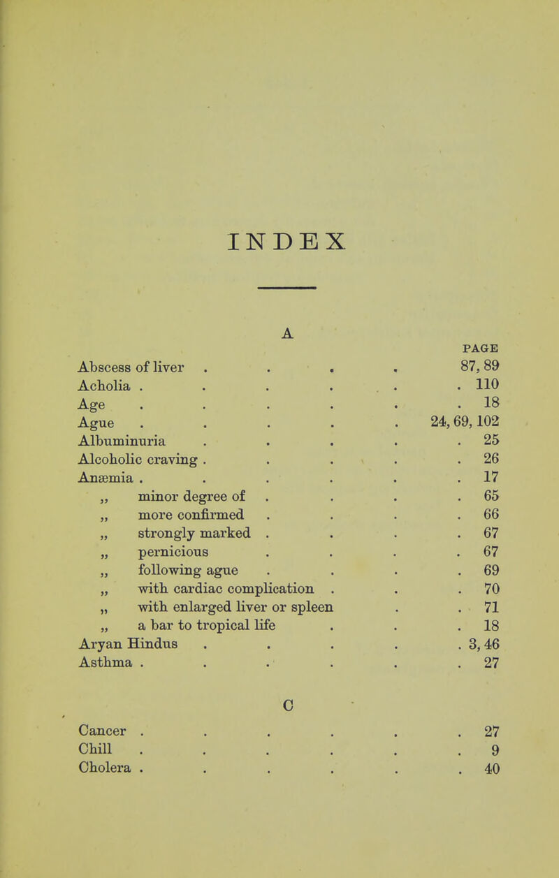 INDEX A PAGE Abscess of liver . . . , 87,89 Acholia . . . ... .110 Age . . . . . .18 Ague ..... 24,69,102 Albuminuria . . . . .25 Alcoholic craving . . . > . .26 Anaemia . . . . . .17 „ minor degree of . . . .65 „ more confirmed . . . .66 „ strongly marked . . . .67 „ pernicious . . . .67 „ following ague . . . ,69 „ with cardiac complication . . .70 „ with enlarged liver or spleen . . 71 „ a bar to tropical life . . .18 Aryan Hindus . . . . . 3,46 Asthma . . . . . .27 0 Cancer . . . . . .27 Chill ...... 9 Cholera . . . . . .40