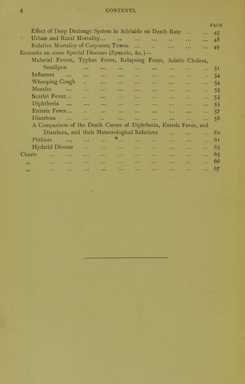 PAGE Effect of Deep Drainage System in Adelaide on Death Rate 45 Urban and Rural Mortality... ... ... 48 Relative Mortality of Corporate, Towns ... .. ... ... ... 49 Remarks on some Special Diseases (Zymotic, &c.)— Malarial Fevers, Typhus Fever, Relapsing Fever, Asiatic Cholera, Smallpox .. 51 Influenza ... ... ... ... .. ... ... ... -54 Whooping Cough .. ... ... 54 Measles ... ... 55 Scarlet Fever... .. ... ... 55 Diphtheria ..^ 55 Enteric Fever 57 Diarrhcea 58 A Comparison of the Death Curses of Diphtheria, Enteric Fever, and Diarrhoea, and their Meteorological Relations 60 Phthisis ^ 61 Hydatid Disease .. ... 63 Charts 65