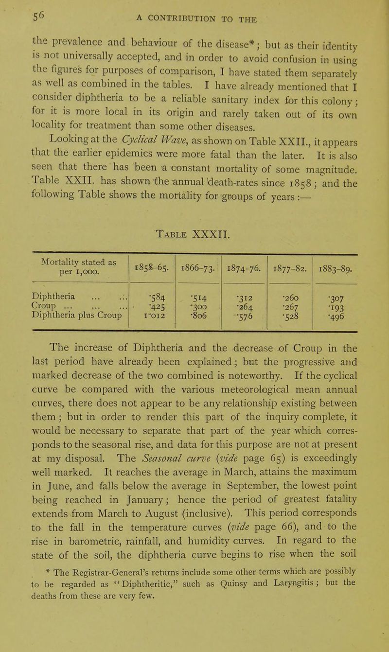 the prevalence and behaviour of the disease*; but as their identity is not universally accepted, and in order to avoid confusion in using the figures for purposes of comparison, I have stated them separately as well as combined in the tables. I have already mentioned that I consider diphtheria to be a reliable sanitary index for this colony; for it is more local in its origin and rarely taken out of its own locality for treatment than some other diseases. Looking at the Cyclical Wave, as shown on Table XXII., it appears that the earlier epidemics were more fatal than the later. It is also seen that there has been -a constant mortality of some magnitude. Table XXII. has shown the annual'death-rates since 1858; and the following Table shows the mortality for groups of years : Table XXXII. Mortality stated as per 1,000. 1858-65. 1866-73. 1874-76. 1877-82. 1883-89. Diphtheria ... .;. Croup ... Diphtheria plus Croup •425 I'OI2 •514 -300 •806 •312 •264 •576 •260 •267 •528 •307 •193 •496 The increase of Diphtheria and the decrease of Croup in the last period have already been explained.; but the progressive and marked decrease of the two combined is noteworthy. If the cyclical curve be compared with the various meteorological mean annual curves, there does not appear to be any relationship existing between them; but in order to render this part of the inquiry complete, it would be necessary to separate that part of the year which corres- ponds to the seasonal rise, and data for this purpose are not at present at my disposal. The Seasonal curve {vide page 65) is exceedingly well marked. It reaches the average in March, attains the maximum in June, and falls below the average in September, the lowest point being reached in January; hence the period of greatest fatality extends from March to August (inclusive). This period corresponds to the fall in the temperature curves ((vide page 66), and to the rise in barometric, rainfall, and humidity curves. In regard to the state of the soil, the diphtheria curve begins to rise when the soil * The Registrar-General's returns include some other terms which are possibly to be regarded as Diphtheritic, such as Quinsy and Laryngitis; but the deaths from these are very few.