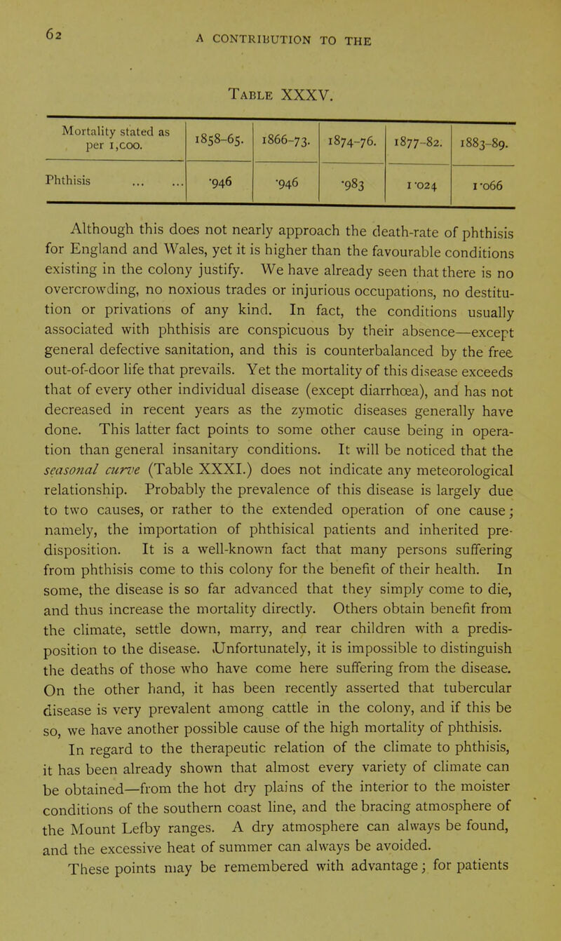 A CONTRIBUTION TO THE Table XXXV. Mortality stated as per I,coo. 1858-65. 1866-73. 1874-76. 1877-82. 1883-89. Phthisis •946 •946 •983 I 024 i-o66 Although this does not nearly approach the death-rate of phthisis for England and Wales, yet it is higher than the favourable conditions existing in the colony justify. We have already seen that there is no overcrowding, no noxious trades or injurious occupations, no destitu- tion or privations of any kind. In fact, the conditions usually associated v^^ith phthisis are conspicuous by their absence—except general defective sanitation, and this is counterbalanced by the free out-of-door life that prevails. Yet the mortality of this disease exceeds that of every other individual disease (except diarrhoea), and has not decreased in recent years as the zymotic diseases generally have done. This latter fact points to some other cause being in opera- tion than general insanitary conditions. It will be noticed that the seasonal curve (Table XXXI.) does not indicate any meteorological relationship. Probably the prevalence of this disease is largely due to two causes, or rather to the extended operation of one cause; namely, the importation of phthisical patients and inherited pre- disposition. It is a well-known fact that many persons suffering from phthisis come to this colony for the benefit of their health. In some, the disease is so far advanced that they simply come to die, and thus increase the mortality directly. Others obtain benefit from the climate, settle down, marry, and rear children with a predis- position to the disease. .Unfortunately, it is impossible to distinguish the deaths of those who have come here suffering from the disease. On the other hand, it has been recently asserted that tubercular disease is very prevalent among cattle in the colony, and if this be so, we have another possible cause of the high mortality of phthisis. In regard to the therapeutic relation of the cHmate to phthisis, it has been already shown that almost every variety of climate can be obtained—from the hot dry plains of the interior to the moister conditions of the southern coast line, and the bracing atmosphere of the Mount Lefby ranges. A dry atmosphere can always be found, and the excessive heat of summer can always be avoided. These points may be remembered with advantage; for patients