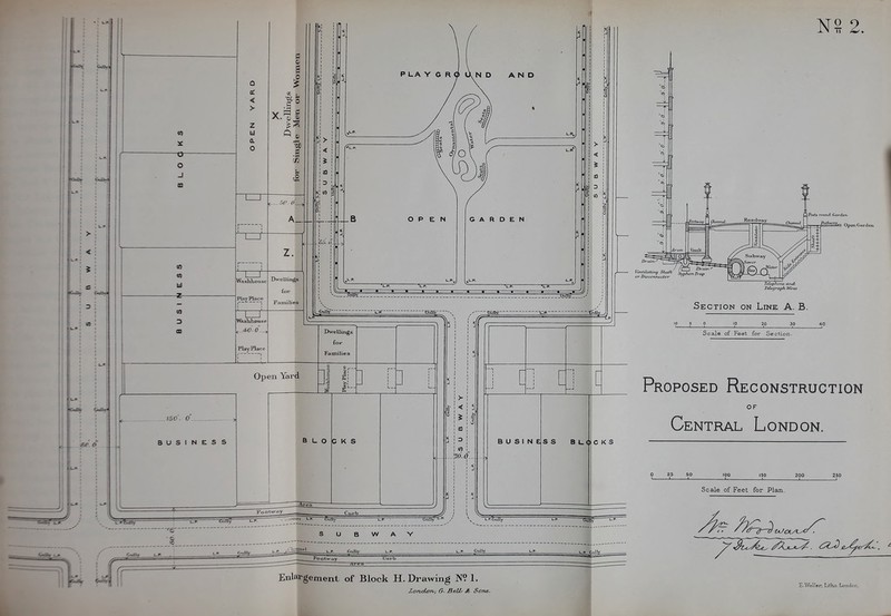 N2 2. PosUi itiiouir CmrdMn. Pnllwaf^ OpGnGardGH. v Jjisoonrvcctor ' Section on Line A. B. 10 5 0 20 30 40 Scale of Feet for Section- Proposed Reconstruction OF Central London. 0 25 50 100 150 200 250 Scale of Feet for Plan. E.Weller, Litho. London.