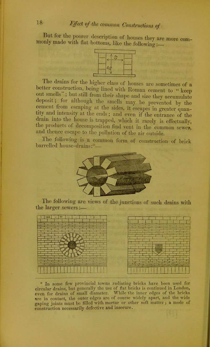 Effect of the common Constructions of But for the poorer description of houses they are more com- monly made with flat bottoms, like the following A * i 1 S/ 1 . ] The drams for the higher class of houses are sometimes of a better construction, being lined with Roman cement to « keep out smells ; but still from their shape and size they accumulate deposit; for although the smells may be prevented by the cement from escaping at the sides, it escapes in greater quan- tity and intensity at the ends ; and even if the entrance of the drain into the house is trapped, which it rarely is effectually, the products of decomposition find vent in the common sewer, and thence escape to the pollution of the air outside. The following is a common form of construction of brick barrelled house-drains:*— The following are views of the junctions of such drains with the larger sewers :— * In some few provincial towns radiating bricks have been used for circular drains, but generally the use of flat bricks is continued in London, even for drains of small diameter. While the inner edges of the bricks are in contact, the outer edges are of course widely apart, and the wide gaping joints must be filled with mortar or other soft matter; a mode of construction necessarily defective and insecure.