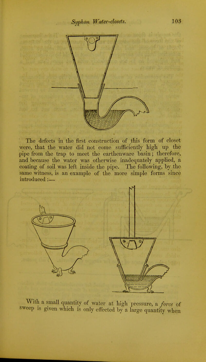 Syphon Water-closets. The defects in the first construction of this form of closet were, that the water did not come sufficiently high up the pipe from the trap to meet the earthenware basin; therefore, and because the water was otherwise inadequately applied, a coating of soil was left inside the pipe. The following, by the same witness, is an example of the more simple forms since introduced:— With a small quantity of water at high pressure, a force of sweep is given which is only effected by a large quantity when