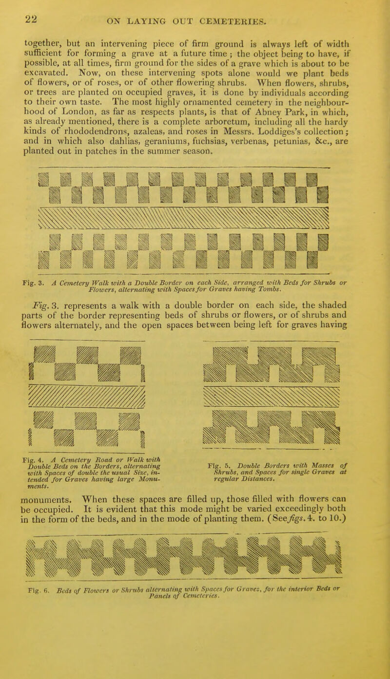 together, but an intervening piece of firm ground is always left of width sufficient for forming a grave at a future time ; the object being to have, if possible, at all times, firm ground for the sides of a grave which is about to be excavated. Now, on these intervening spots alone would we plant beds of flowers, or of roses, or of other flowering shrubs. When flowers, shrubs, or trees are planted on occupied graves, it is done by individuals according to their own taste. The most highly ornamented cemetery in the neighbour- hood of London, as far as respects plants, is that of Abney Park, in which, as already mentioned, there is a complete arboretum, including all the hardy kinds of rhododendrons, azaleas, and roses in Messrs. Loddiges's collection; and in which also dahlias, geraniums, fuchsias, verbenas, petunias, &c., are planted out in patches in the summer season. Fig. 3. A Cemetery Walk with a Double Border on each Side, arranged with Beds for Shrubs or Flowers, alternating with Spaces for Graves havijig Tombs. Fig. 3. represents a walk with a double border on each side, the shaded parts of the border representing beds of shrubs or flowers, or of shrubs and flowers alternately, and the open spaces between being left for graves having Fig. 4. A Cemetery Road or IValk with Double Beds on the Borders, alternating Fig. 5. Double Borders with Masses of with Spaces of double the usual Size, in. Shrubs, and Spaces for single Graves at tended for Graves having large Monu- regular Distances, ments. monuments. When these spaces are filled up, those filled with flowers can be occupied. It is evident that this mode might be varied exceedingly both in the form of the beds, and in the mode of planting them. (See^gsA. to 10.) Fig. 6. Beds of Flowers or Shrubs alternating with Spaces for Graves, for the interior Beds or Panels qf Cemeteries.