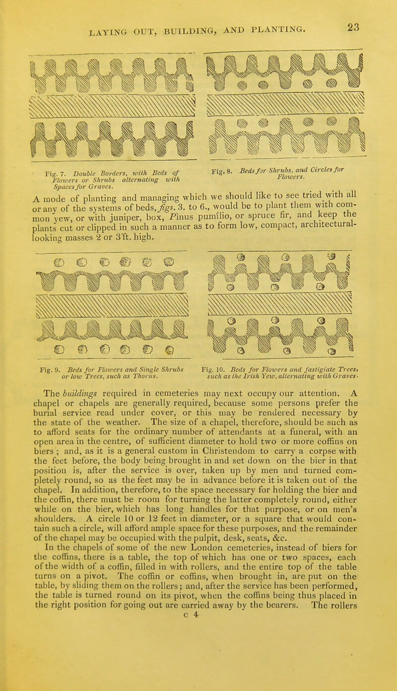 Fig. 9. Beds for Flowers and Single Shrubs or low Trees, such as TItorns. Fig. 10. Beds for Flowers and fastigiate Trees, such as the Irish Yew, allernating with Graves- Fig. 7. Double Borders, with Beds of Fig. 8. Beds for Shrubs aj«l Circle, for Flowers or Shrubs alternating with rtowen. Spaces for Graves. A mode of planting and managing which we should like to see tried with all or any of the systems of beds,/g«. 3. to 6., would be to plant tlieni with com- mon yew, or with juniper, box, Pinus pumllio, or spruce fir, and keep the plants cut or clipped in such a manner as to form low, compact, architectural- looking masses 2 or 3'ft. high. The buildings required in cemeteries may next occupy our attention. A chapel or chapels are generally required, because some persons prefer the burial service read under cover, or this may be rendered necessary by the state of the weather. The size of a chapel, therefore, should be such as to afford seats for the ordinary number of attendants at a funeral, with an open area in the centre, of sufficient diameter to hold two or more coffins on biers ; and, as it is a general custom in Christendom to carry a corpse with the feet before, the body being brought in and set down on the bier in that position is, after the service is over, taken up by men and turned com- pletely round, so as the feet may be in advance before it is taken out of the chapel. In addition, therefore, to the space necessary for holding the bier and the coffin, there must be room for turning the latter completely round, either while on the bier, which has long handles for that purpose, or on men's shoulders. A circle 10 or 12 feet in diameter, or a square that would con- tain such a circle, will afford ample space for these purposes, and the remainder of the chapel may be occupied with the pulpit, desk, seats, &c. In the chapels of some of the new London cemeteries, instead of biers for the coffins, there is a table, the top of which has one or two spaces, each of the width of a coffin, filled in with rollers, and the entire top of the table turns on a pivot. The coffin or coffins, when brought in, are put on the table, by sliding them on the rollers; and, after the service has been performed, the table is turned round on its pivot, when the coffins being thus placed in the right position forgoing out are carried away by the bearers. The rollers