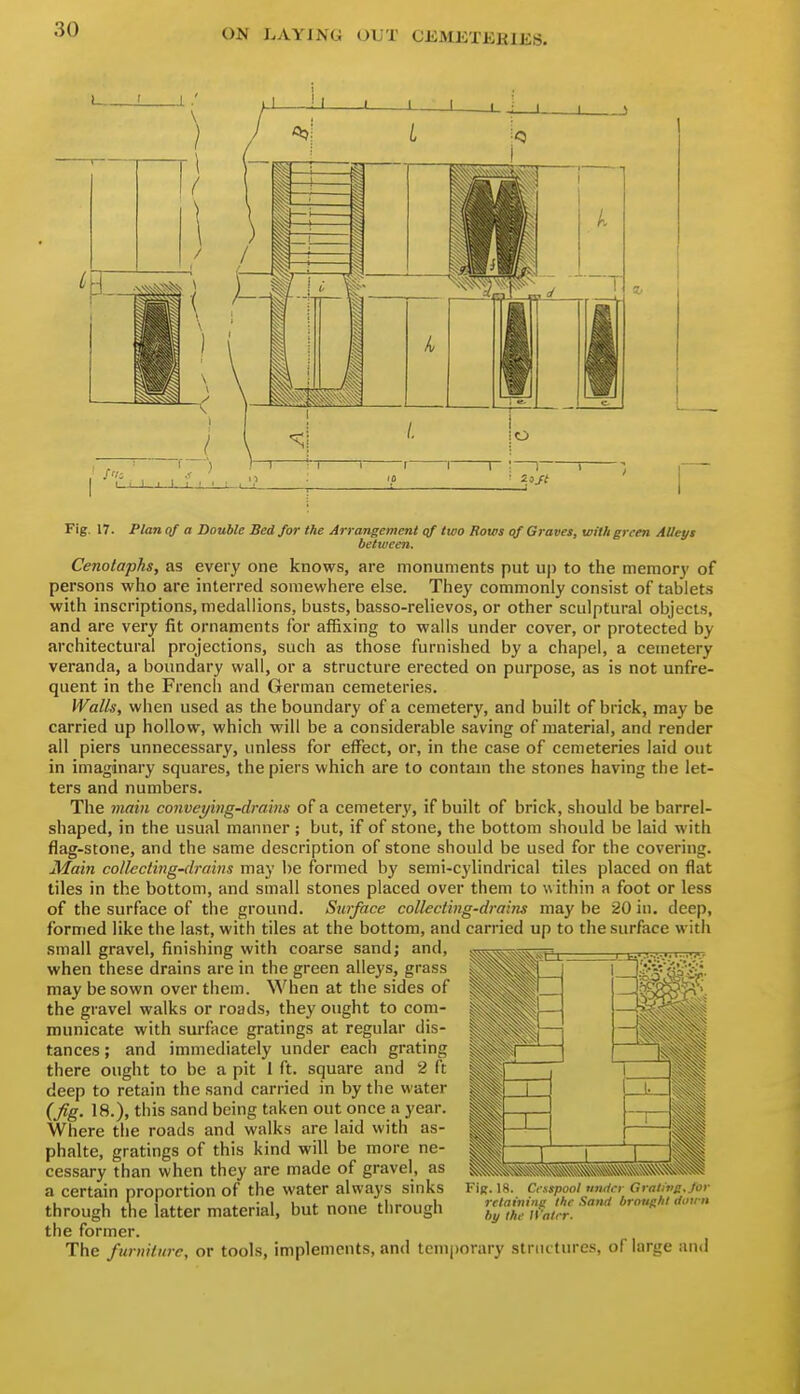 L. Fig. 17. Plan of a Double Bed for the Arrangement two Rows (if Graves, with green Alleys between. Cenotaphs, as every one knows, are monuments put u|) to the memory of persons who are interred somewhere else. They commonly consist of tablets with inscriptions, medallions, busts, basso-relievos, or other sculptural objects, and are very fit ornaments for affixing to walls under cover, or protected by architectural projections, such as those furnished by a chapel, a cemetery veranda, a boundary wall, or a structure erected on purpose, as is not unfre- quent in the French and German cemeteries. Walls, when used as the boundary of a cemetery, and built of brick, may be carried up hollow, which will be a considerable saving of material, and render all piers unnecessary, unless for effect, or, in the case of cemeteries laid out in imaginary squares, the piers which are to contam the stones having the let- ters and numbers. The main conveying-drains of a cemetery, if built of brick, should be barrel- shaped, in the usual manner ; but, if of stone, the bottom should be laid with flag-stone, and the same description of stone should be used for the covering. Main collecting-drains may be formed by semi-cylindrical tiles placed on flat tiles in the bottom, and small stones placed over them to within a foot or less of the surface of the ground. Surface collecting-drains may be 20 in. deep, formed like the last, with tiles at the bottom, and carried up to the surface with small gravel, finishing with coarse sand; and, when these drains are in the green alleys, grass may be sown over them. When at the sides of the gravel walks or roads, they ought to com- municate with surface gratings at regular dis- tances ; and immediately under each grating there ought to be a pit 1 ft. square and 2 ft deep to retain the sand carried in by the water (fig. 18.), this sand being taken out once a year. Where the roads and walks are laid with as- phalte, gratings of this kind will be more ne- cessary than when they are made of gravel, as a certain proportion of the water always sinks through the latter material, but none through the former. The furniture, or tools, implements, and temporary structures, of large and FiR. IS. Cisspool tinricr Gralivs.Jor relaininp the Sand broug/il doirn by the H'atrr.