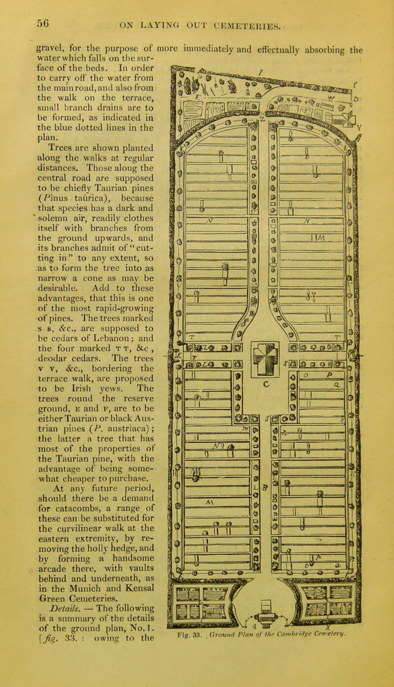 gravel, for the purpose of water which falls on the sur- face of the heels. In order to carry off' the water from the main road, and also from the walk on the terrace, small branch drains are to be formed, as indicated in the blue dotted lines in the plan. Trees are shown planted along the walks at regular distances. Those along the central road are supposed to be chiefly Taurian pines (Pinus taurica), because that species has a dark and ■ solemn air, readily clothes itself with branches from the ground upwards, and its branches admit of cut- ting in to any extent, so as to form the tree into as narrow a cone as may be desirable. Add to these advantages, that this is one of the most rapid-growing -of pines. The trees marked s s, Sec, are supposed to be cedars of Lebanon; and the four marked t t, &c , deodar cedars. The trees V V, &c., bordering the terrace walk, are proposed to be Irish yews. The trees round the reserve ground, e and f, are to be either Taurian or black Aus- trian pines (P. austrlaca); the latter a tree that has most of the properties of the Taurian pine, with the advantage of being some- what cheaper to purchase. At any future period, should there be a demand for catacombs, a range of these can be substituted for the curvilinear walk at the eastern extremity, by re- moving the holly hedge, and by forming a handsome arcade there, with vaults behind and underneath, as in the Munich and Kensal Green Cemeteries. Detaih. — The following is a summary of the details of the ground plan. No. 1. [Jig. .33. : owing to the more immediately and effectually absorbing the / riff. 3:1. Crmnirl I'lan of llif Camhrid':,- Cm clci i/.