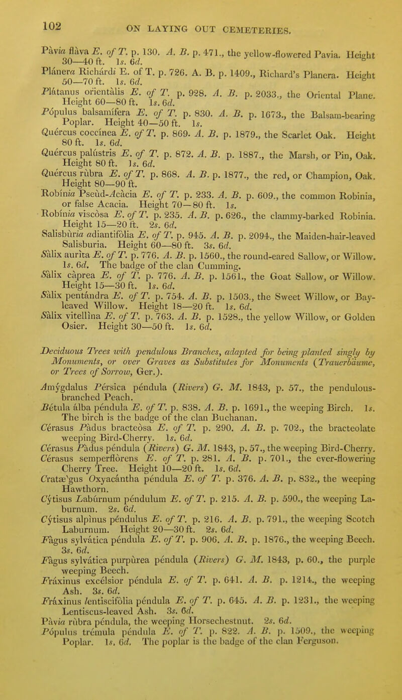 FkviaJav^E^^ o/T. p. 130. A. B. p. 471., the yellow-flowered Pavia. Height Planera Richai di E. of T. p. 726. A. B. p. 1409., Richard's Plancra. Height 50—70 ft. \s. (id.  Platanus orientalis E. of T. p. 928. A. B. p. 2033., the Oriental Plane. Height GO—80 ft. 1*. Qd. Populus balsainifera E. of T. p. 830. A. B. p. 1C73., the Balsara-bearinR Poplar. Height 40—50 ft. Is, Qucrcus coccinea E. ofT. p. 869. A. B. p. 1879., the Scarlet Oak. Height 80 ft. Is. Gd. ^ Quercus palustris E. of T. p. 872. A. B. p. 1887., the Marsh, or Pin, Oak. Height 80 ft. Is. 6rf. Quercus rubra E. ofT. p. 868. A. B. p. 1877., the red, or Champion, Oak. Height 80—90 ft. Robinia Pseud-^cacia E. of T. p. 233. A. B. p. 609., the common Robinia, or false Acacia. Height 70—80 ft. Is. Robin/a viscosa E. of T. p. 235. A. B. p. 626., the clammy-barked Robinia. Height 15—20 ft. 2s. Gd. Salisbiiriffl «diantif61ia E. of T. p. 945. A. B. p. 2094., the MaidenJiair-leaved Salisburia. Height 60—80 ft. 3s. Gd. (Salix aurita E. of T. p. 776. A. B. p. 1560., the round-eared Sallow, or Willow. Is. Gd. The badge of the clan Gumming, ^alix caprea E. of T. p. 776. A. B. p. 1561., the Goat Sallow, or Willow. Height 15—30 ft. Is. Gd. 5alix pentandra E. ofT. p. 754. A. B. p. 1503., the Sweet Willow, or Bay- leaved Willow. Height 18—20 ft. Is. Gd. ^alix vitellina E. ofT. p. 763. A. B. p. 1528., the yellow Willow, or Golden Osier. Height 30—50 ft. Is. Gd. Deciduous Trees with jiendulous Branches, adajjted for being planted singly by Monwne7its, or over Graves as Substitutes for Monuments {Trauerb'dume, or Trees of Sorrow, Ger.). i4mygdalus Persica pendula (^Rivers) G. M. 1843, p. 57., the pendulous- branched Peach. J5etula alba pendula E. ofT. p. 838. A. B. p. 1691., the weeping Birch. Is. The birch is the badge of the clan Buchanan. Cerasus Padus bracteosa E. of T. p. 290. A. B. p. 702., the bracteolate weeping Bird-Cherry. Is. Gd. Cerasus Padus pendula (Rivers) G. M. 1843, p. 57., the weeping Bird-Cherry. Cerasus semperflorens E. of T. p. 281. A. B. p. 701., the ever-flowering Cherry Tree. Height 10—20 ft. Is. Gd. Cratae^gus Oxyacantha pendula E, of T. p. 376. A. B. p. 832., the weeping Hawthorn. Cytisus Z/aburnum pendulum E. ofT. p. 215. A. B. p. 590., the weeping La- burnum. 2s. Gd. Cytisus alpinus pendulus E. ofT. p. 216. A. B. p. 791., the weeping Scotch Laburnum. Height 20—30 ft. 2s. Gd. 2«^gus sylvatica pendula E. ofT. p. 906. A. B, p. 1876., the weeping Beech. 3s. Gd. 2^gus sylvatica purpurea pendula {Rivers) G. M. 1843, p. 60., the purple weeping Beech. Pnixinus excelsior pendula E. of T. p. 641. A. B. p. 1214., the weeping Ash. 3s. Gd. Praxinus /entiscifolia pendula E. of T. p. 645. A. B. p. 1231., the weeping Lentiscus-leaved Ash. .3s. Gd. Pavw rubra pendula, the weeping Horsechestnut. 2s. Gd. PopuUis tremula pendula E. of T. p. 822. A. B. p. 1509., the weeping Poplar. Is, 6rf. The poplar is the badge of the clan Ferguson.